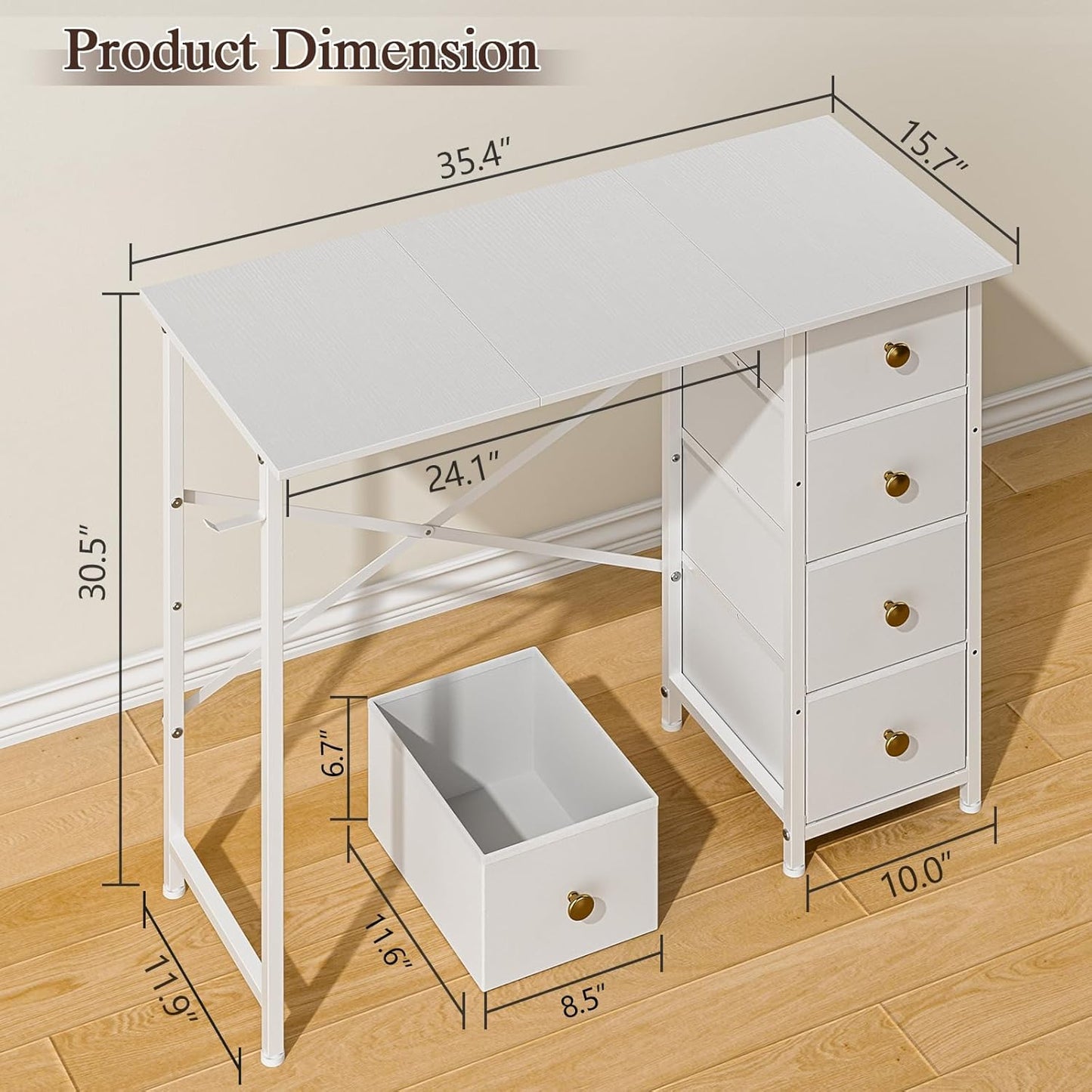 Small White Desk with Drawers for Bedroom, 35.4 Inch Kids Girls Teens Student Writing Desk with Storage, Reversible Study Table, White Computer Desk for Home Office, Makeup Vanity Desk for Small Space