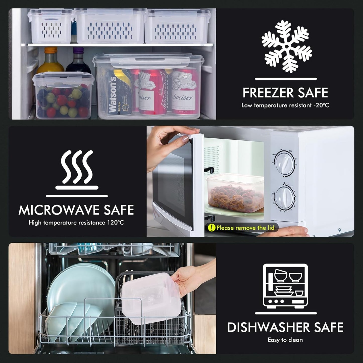 HOTEC 4-Pack Large Fruit Storage Container for Fridge Leak proof with Removable Colander, BPA Free Dishwasher & microwave safe Largest 3.15L