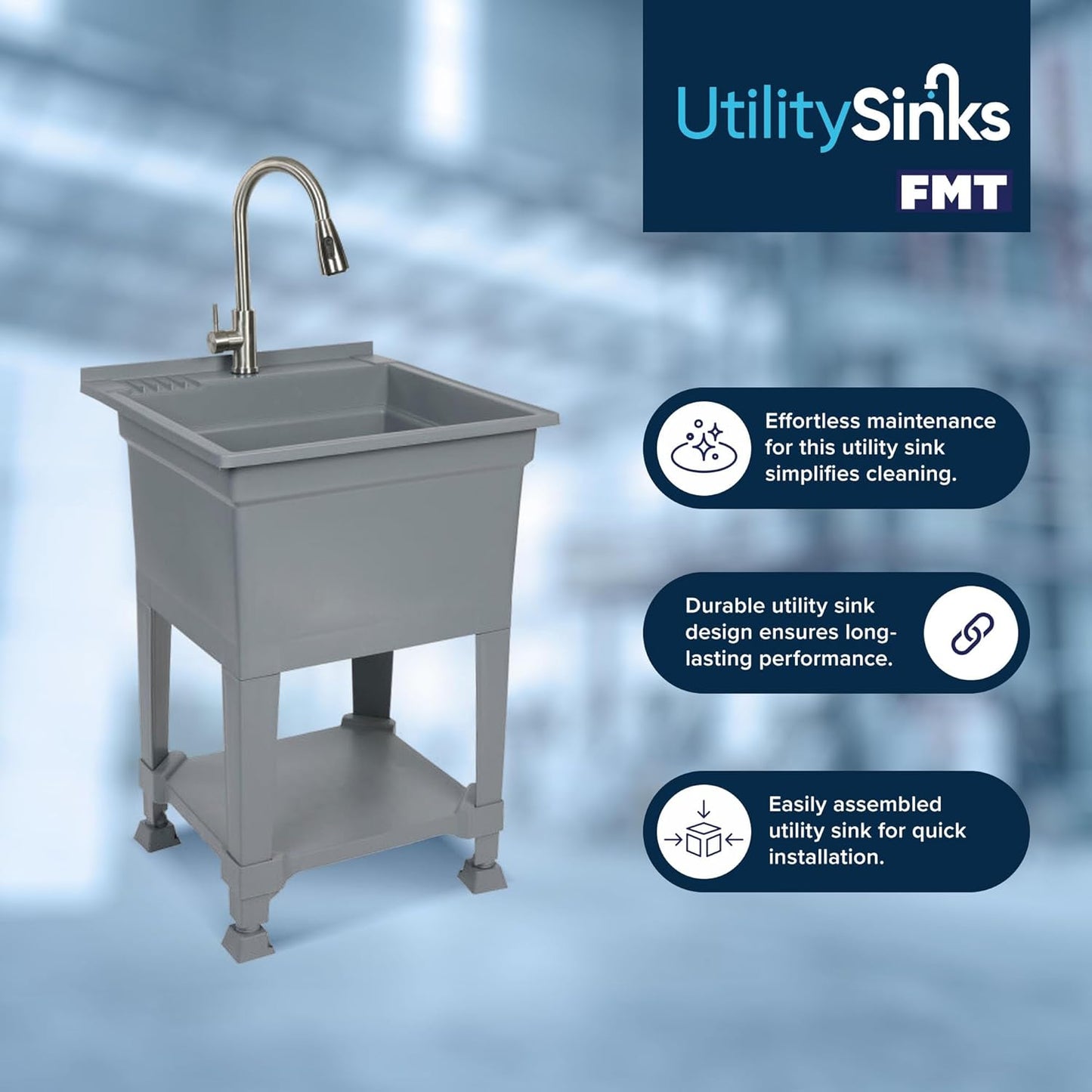 UTILITYSINKS Freestanding Utility Tub Sink with Quick Connect Drain, 24 x 24", Gray - Portable and Compact Sink with Faucet for Outdoor Kitchen, Laundry Room, Garage, and Basement