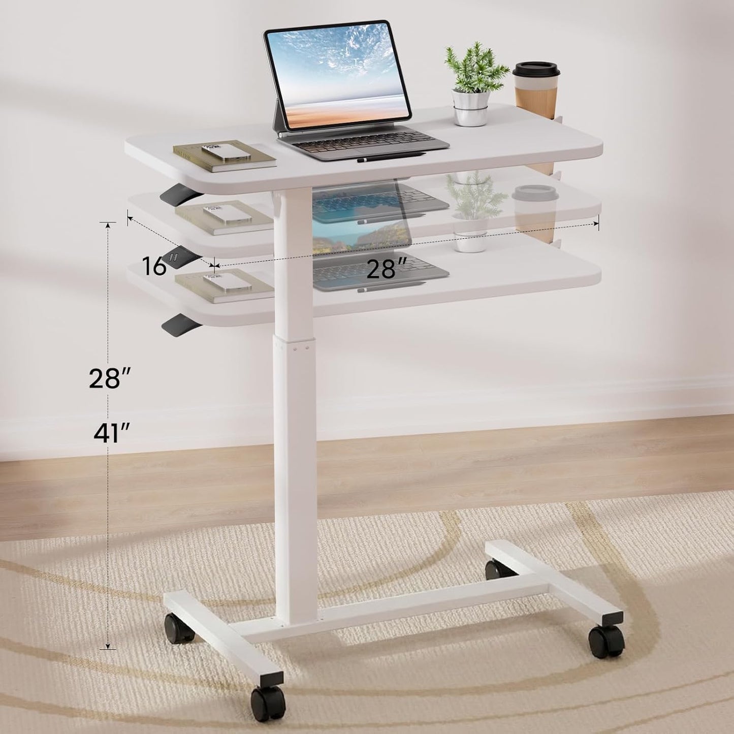 GTPLAYER Small Standing Desk with Wheels, Pneumatic Mobile Rolling Laptop Desk, Adjustable Height Overbed Bedside Table Computer Workstation for Home Office (28" W x 16" D, White)