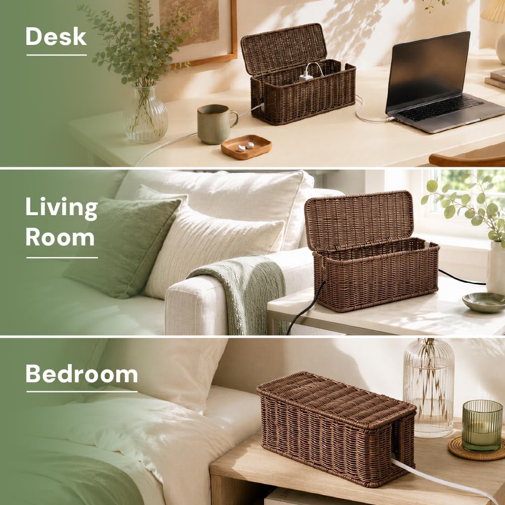 Cable Management Box, Handmade Rattan Cord Organizer for Power Strip | Open Slots Cord Hider for Power Strip, Router & USB Hub, Registered U.S. Design Patent
