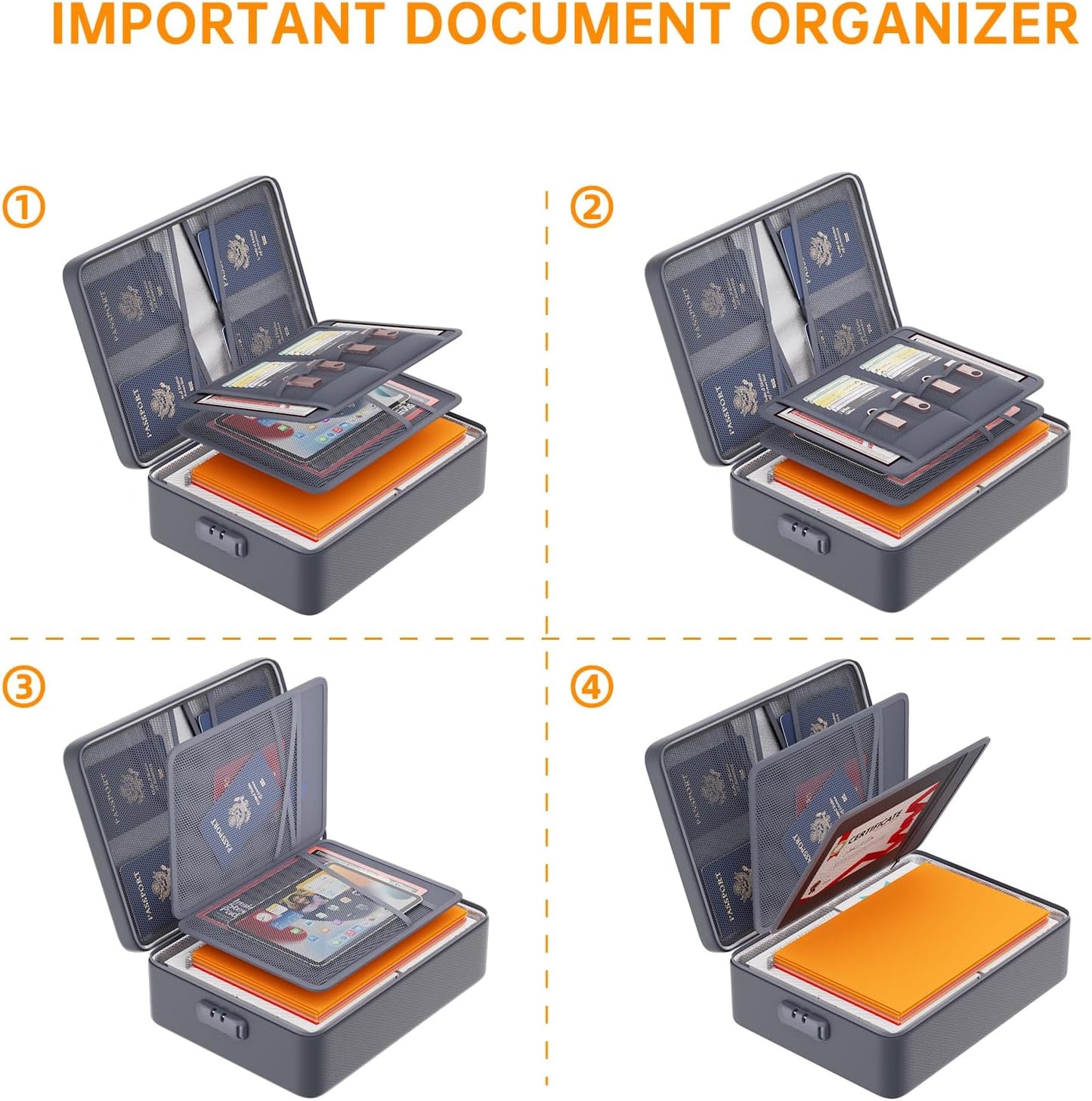 DocSafe 5200°F Document Organizer with Lock,Upgraded Heat Insulated Fireproof＆Waterproof Box 8 Layers File Organizer,Portable Home Travel Safe Storage for Important Documents, Files,Gray (Soft)