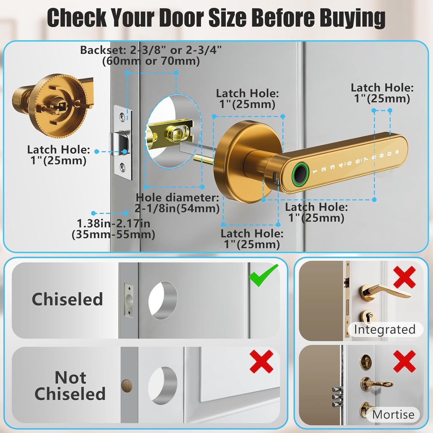 Fingerprint Door Lock Biometric Door Knob with Keypad Keyless Entry, Door Locks for Bedrooms, Home Hotel Office Apartment Gold