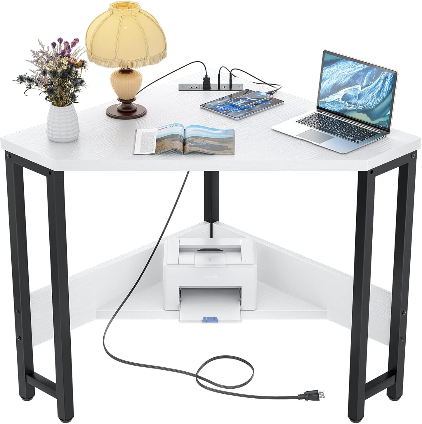 Armocity Corner Small Desk with Outlets Corner Table for Small Space Industrial Computer Desk with USB Ports Triangle Desk with Storage for Home Office, Workstation, Living Room, Bedroom, Rustic