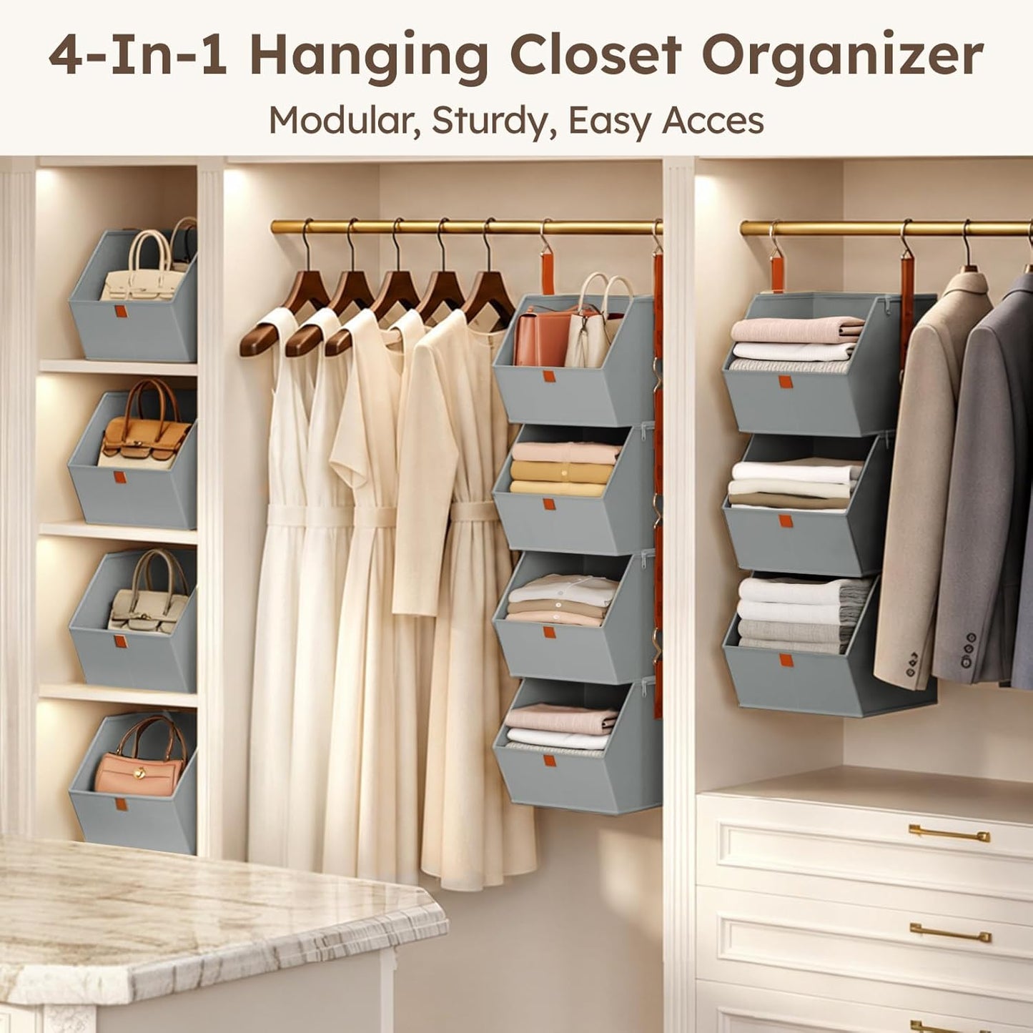 Homsorout Hanging Closet Organizer 4 Tier - Clothes Hanging Shelves, Space-Saving Closet System, Fabric Storage Bins Bedroom Organization, Collapsible Baskets for Home, Dorm, Rv, Grey