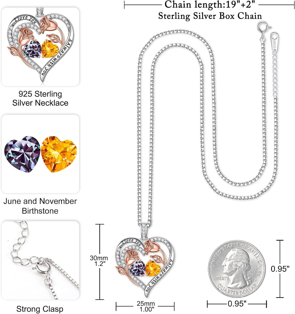 Iefil Birthstone Necklace for Women - Rose Heart Necklace