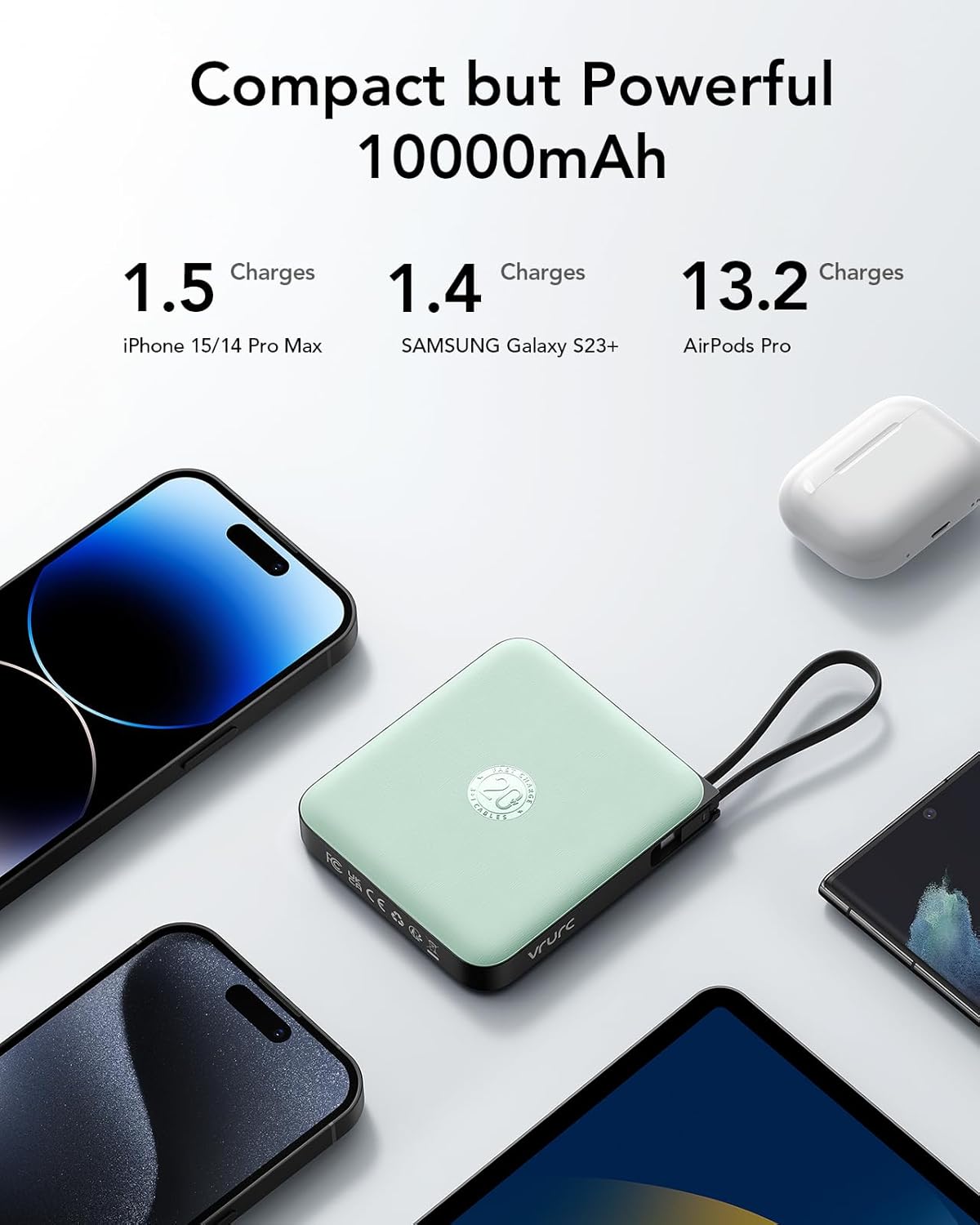 VRURC Portable Charger with Built-in Cable, 10000mAh 22.5W Fast Charging USB C Battery Pack, Cell Phone Power Bank for iPhone 17 16 15 Series Android Tablet (Green)