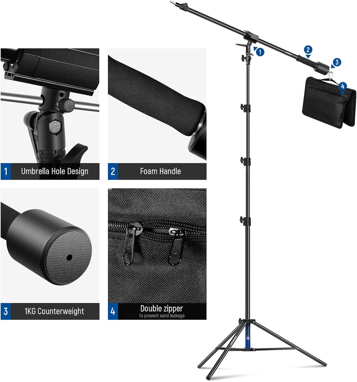 NEEWER Air Cushioned Aluminum Light Stand, 9.8ft/3m Adjustable Photography Stand with Boom Arm, Counterweight, Sandbag, 1/4" Screw for Softbox, Studio Flash, Umbrella, Ring Light, Max Load 5kg