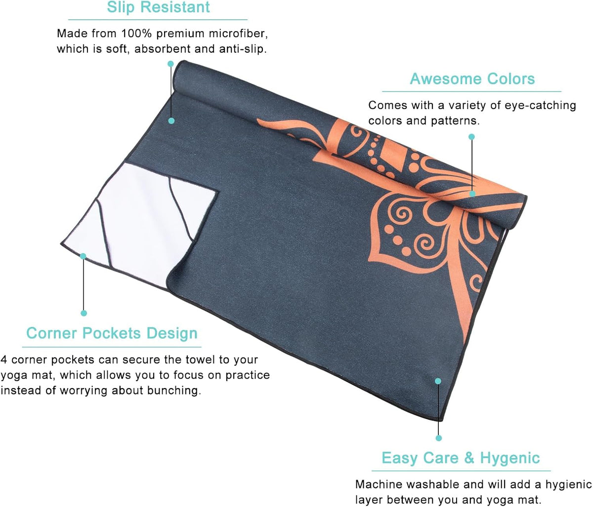 QiyI Hot Yoga Towel with Grip Dots, Non Slip, 70"x26", Golden Mandala