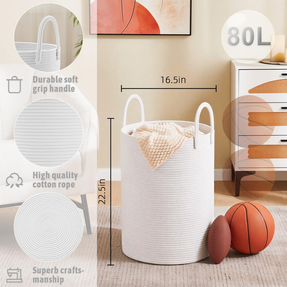 Artfeel Laundry Basket,Woven Cotton Rope Laundry Hamper,80L for Decorative Storage of Dirty Clothes,Toys and Blankets in Bathroom,Baby Room and Living Room
