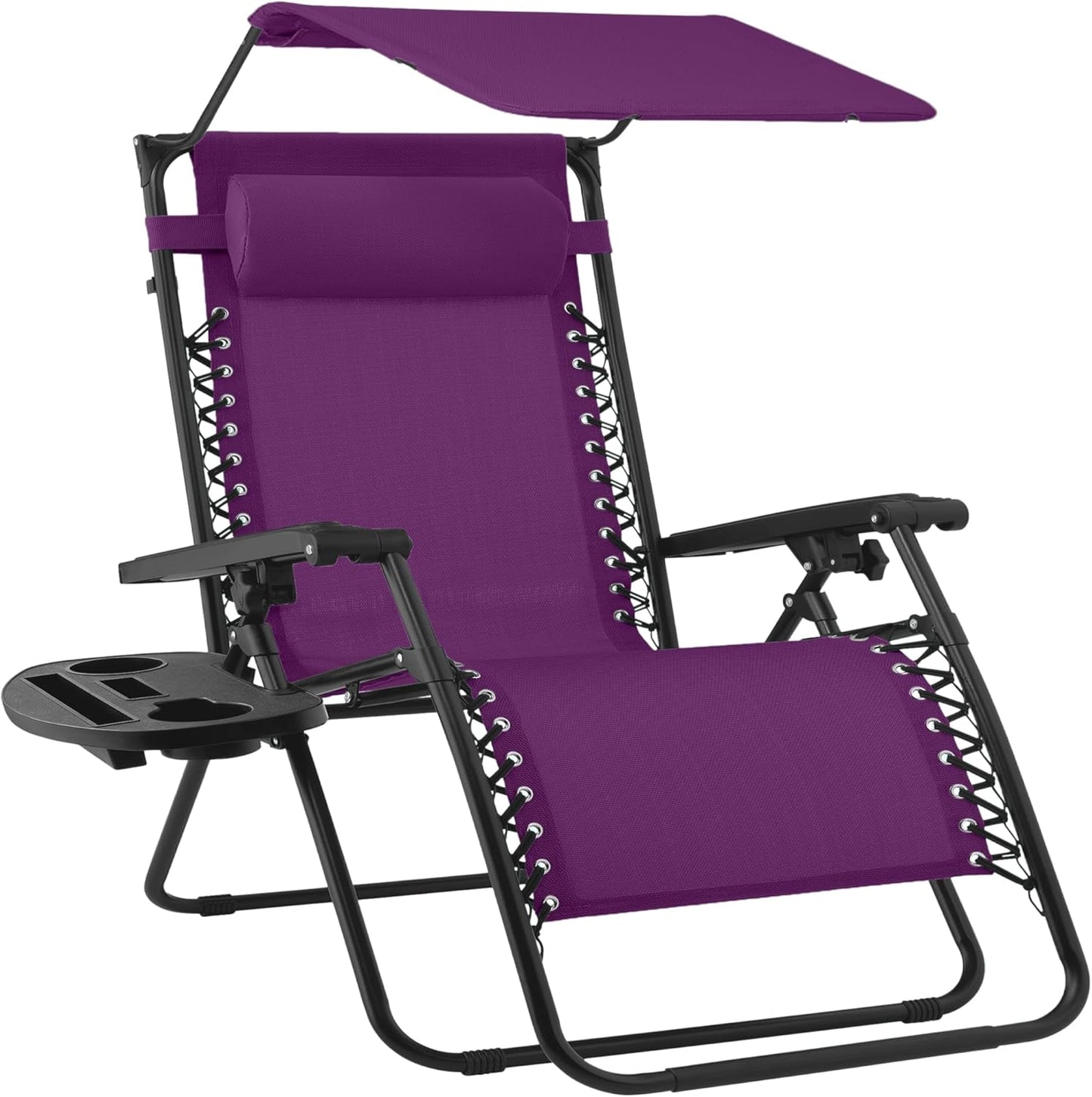 Best Choice Products 30” Wide Folding Zero Gravity Outdoor Recliner Patio Lounge Chair w/Adjustable Canopy Shade, Headrest, Side Accessory Tray - Amethyst Purple