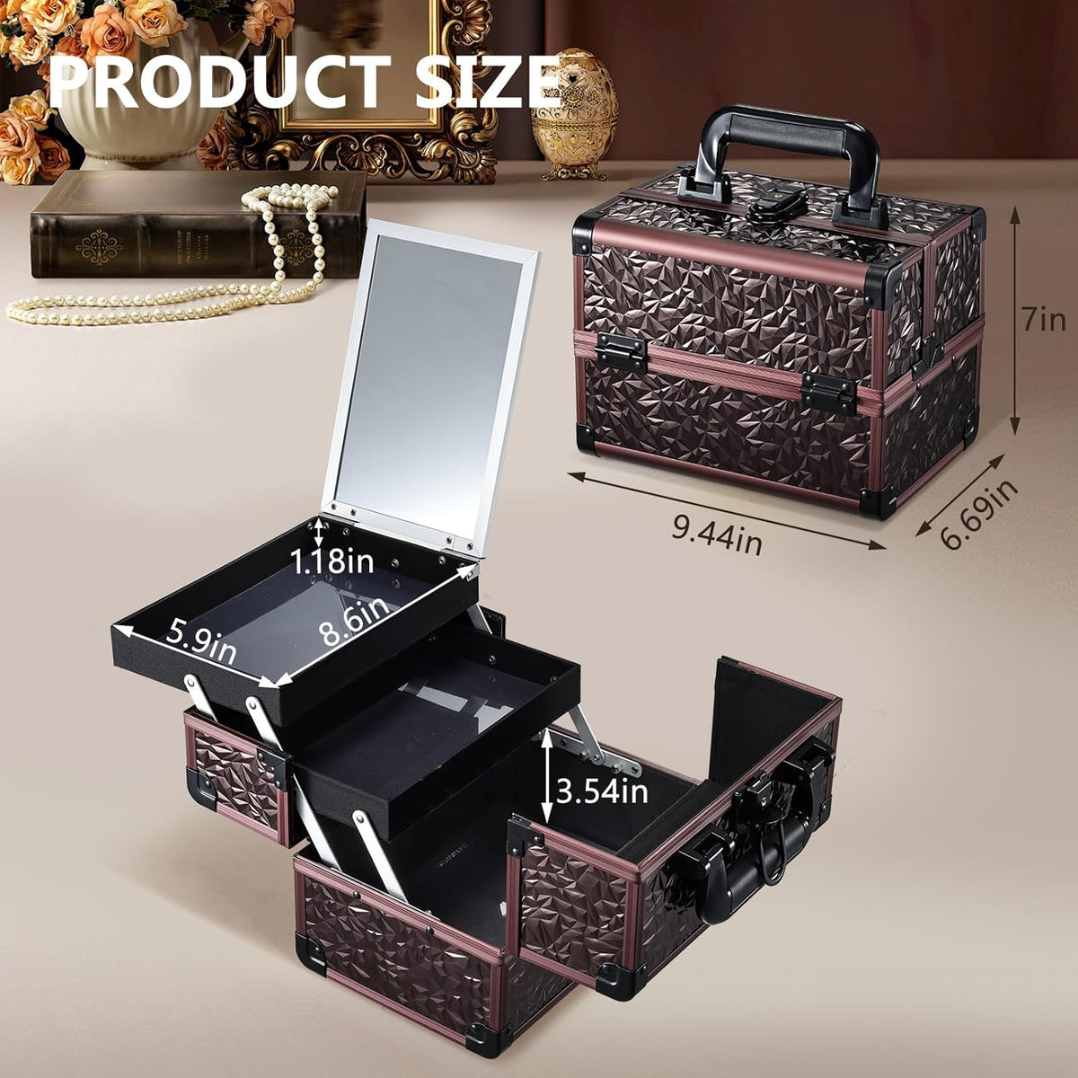 Joligrace Makeup Train Case Cosmetic Box Portable Makeup Case Organizer 2 Trays Makeup Storage with Mirror Locking for Cosmetologist Aesthetic Supplies Nail Tech Traveling Makeup Box Dark Brown