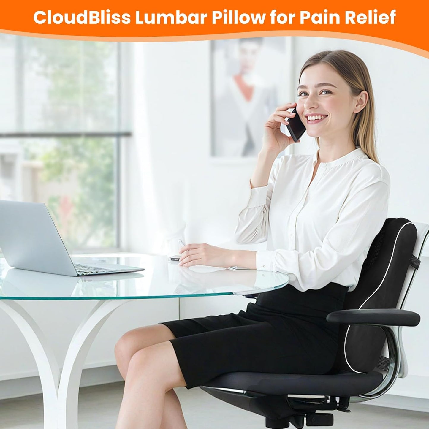 CloudBliss Ergonomic Lumbar Support Pillow – Memory Foam for Lower Back Pain Relief, Adjustable Straps & Mesh Cover for Office, Gaming, Car Seat & Home Essentials (Black)