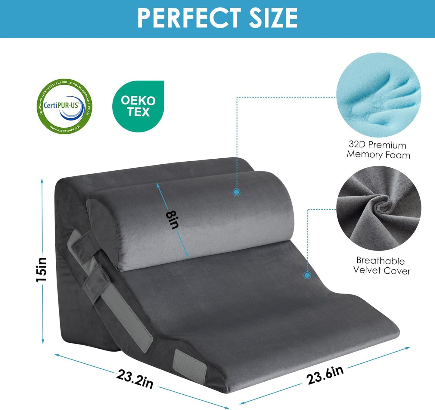 MEGCXIT 3PCS Bed Wedge Pillow for Headboard, Adjustable Wedge Pillow for Sleep Apnea, 23” Wide Triangle Pillow Wedge Set for After Surgery, Acid Reflux Relief, Snoring, Neck&Back Support, Grey