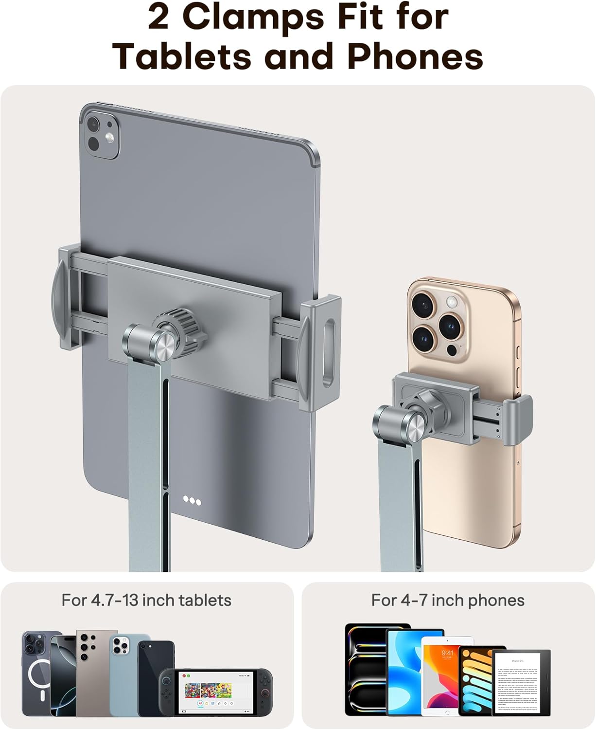 OMOTON Tablet Stand for iPad with 360° Rotation, GH03 Aluminum Alloy Long Arm Phone Mount with 2 Plastic Clamps (Phone & Tablet), Adjustable Holder for 4-13" iPad Pro/iPhone, Grey