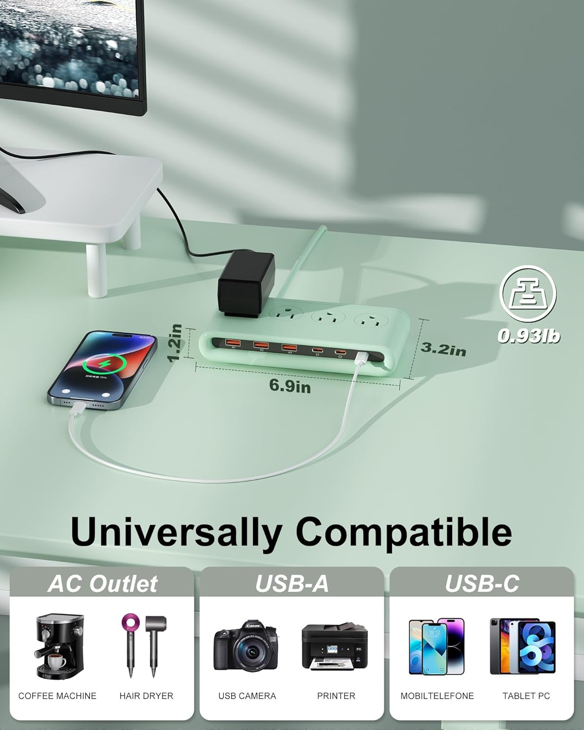 Power Strip with USB C 35W,10-in-1 Flat Plug Wall Charger - 5FT Extension Cord with 4AC, 3 USB A & 3 USB C - PD20W Charging Station for Multiple Devices - Travel Home Office (Green)