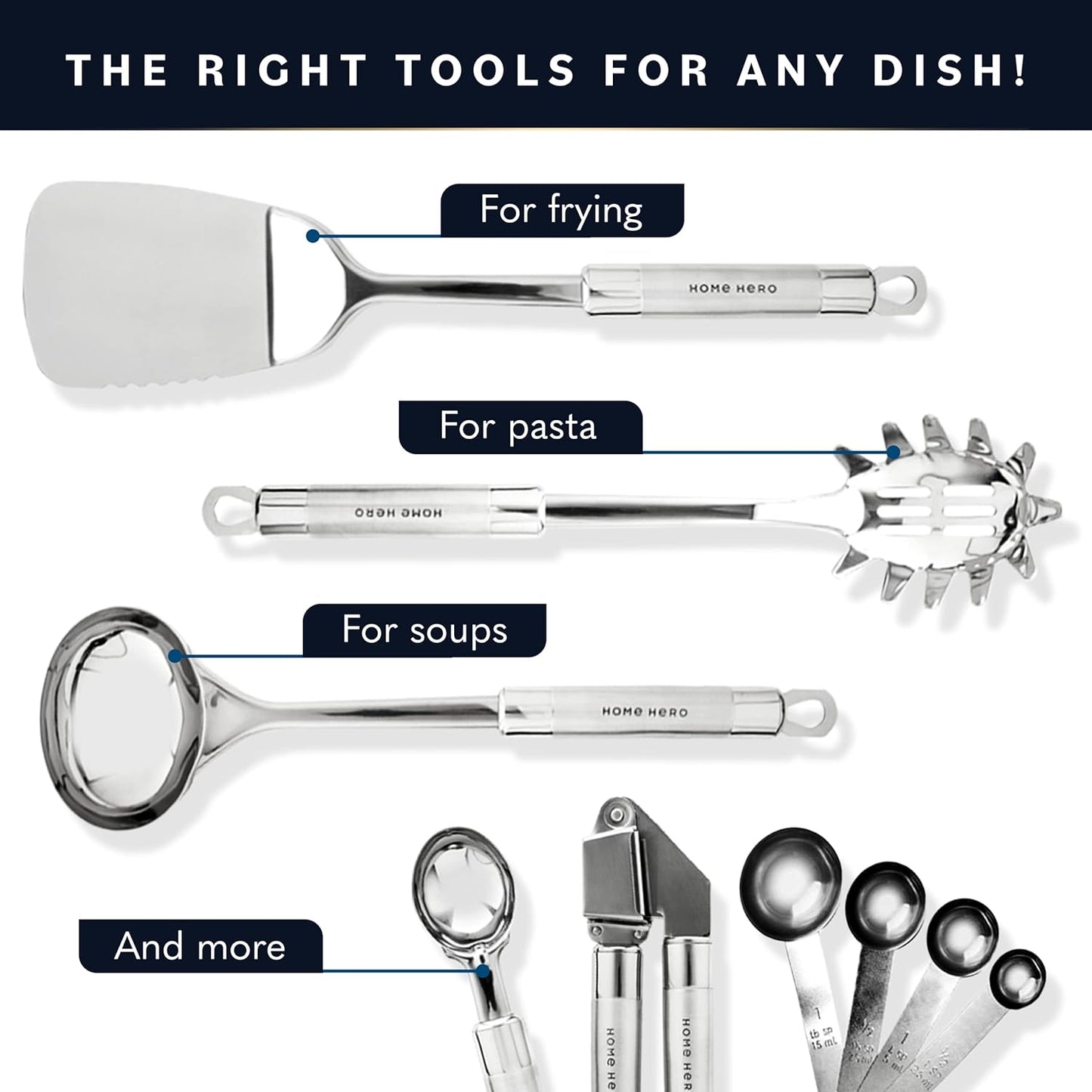 Home Hero 54-Piece Stainless Steel Kitchen Utensils Set - Heat-Resistant Nonstick Silicone & Stainless Steel Cooking Utensils - Complete Tools with Slotted Spoon & Pasta Spoon - Pack of 54, Silver