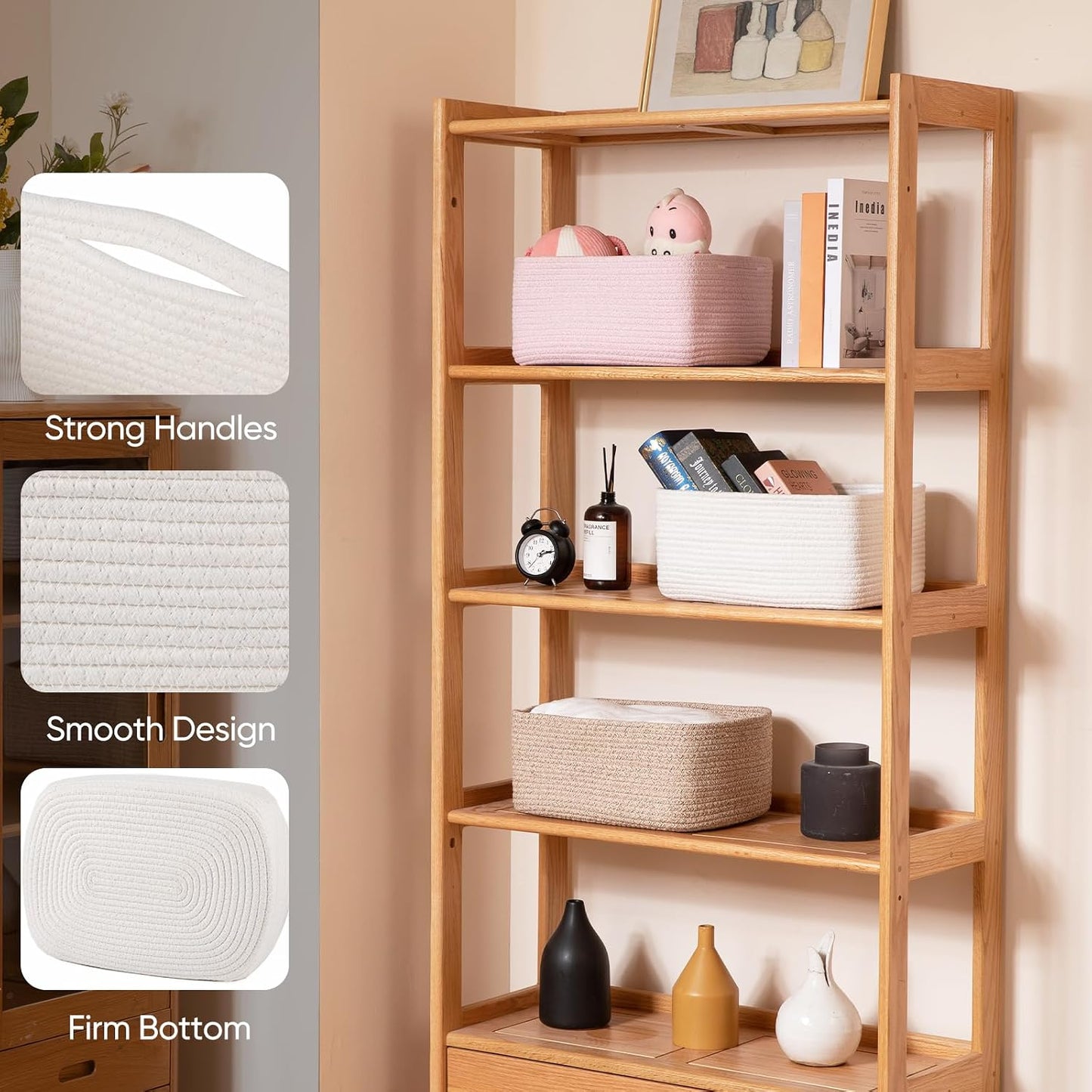 OIAHOMY 4 Pack 14.17 * 11.02 * 6.3IN Storage Baskets for Organizing Shelves, Woven Rope Baskets for Organizing Books, Clothes, Decorative Basket for Living Room, Nursery, Bedroom, Gift Basket, White