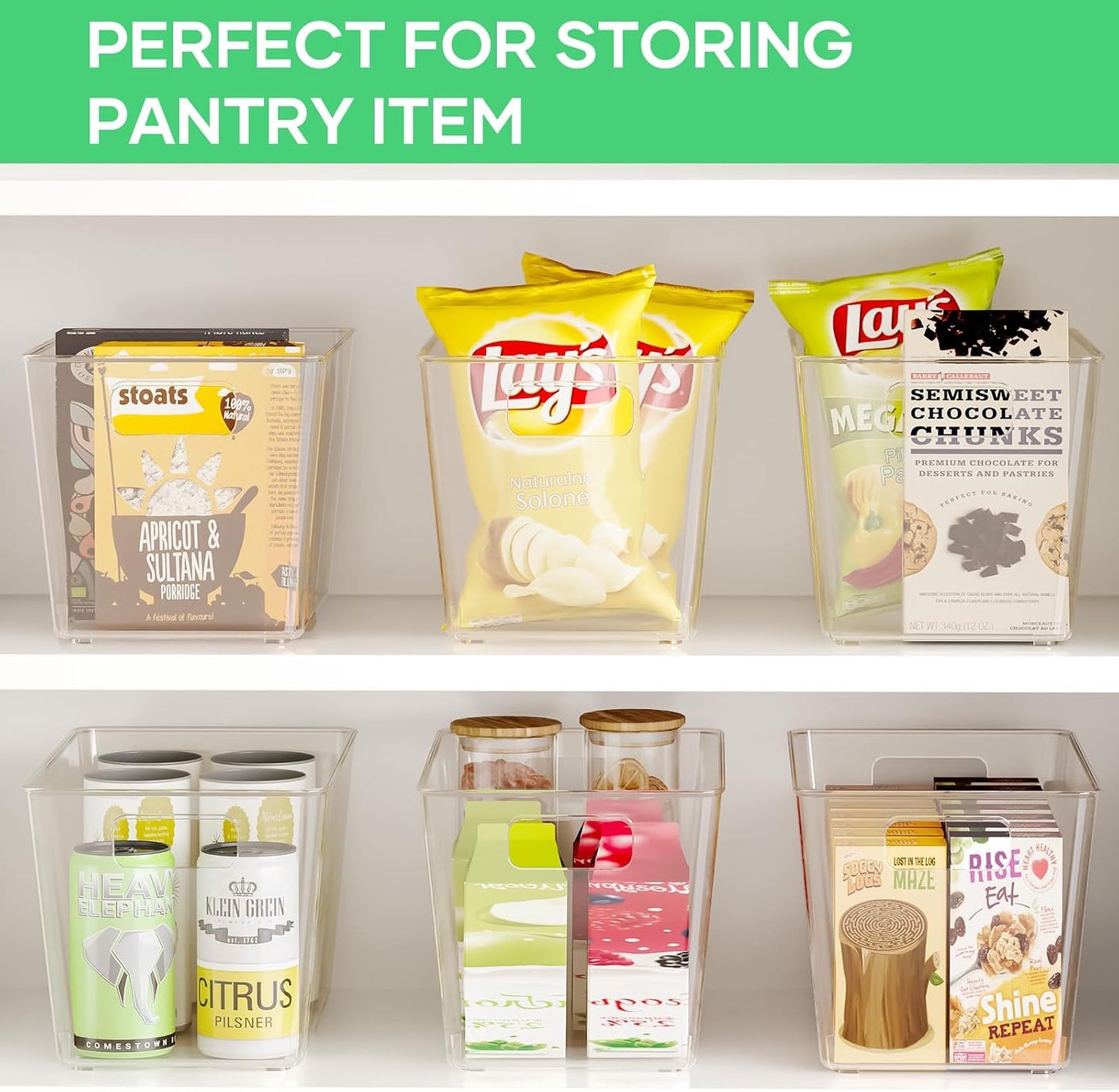 6 Pack Clear Plastic Storage Bins, 11" Large Pantry Organizer Bins with Handles, Plastic Containers for Refrigerator,BPA-Free Perfect for Kitchen,Fridge,Cabinet,Pantry(Cream)