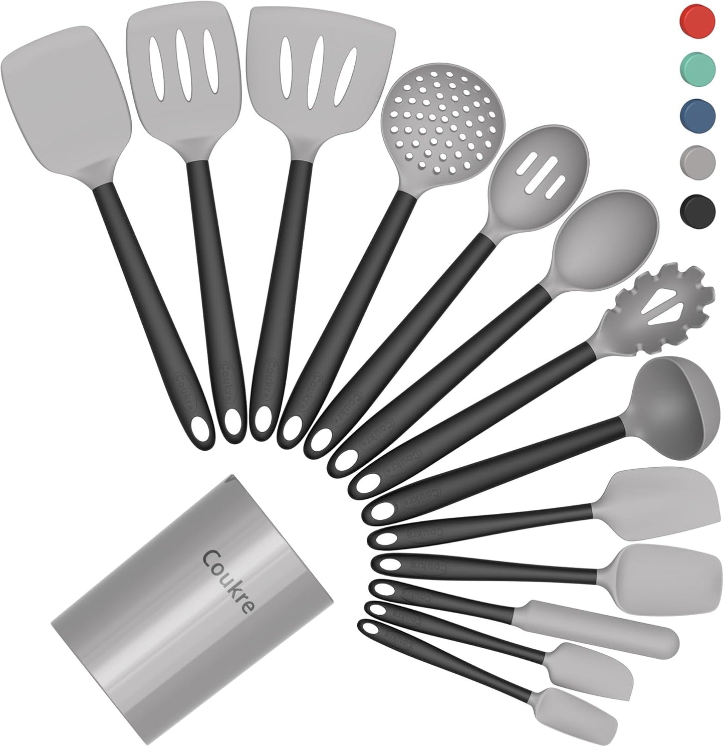 Coukre Silicone Kitchen Cooking Utensils Set with Holder – Heat-Resistant, Food-Grade Kitchen Tools, Spatula, Spoon & Gadgets for Non-Stick Pans, Dishwasher Safe (14, PureBlack)
