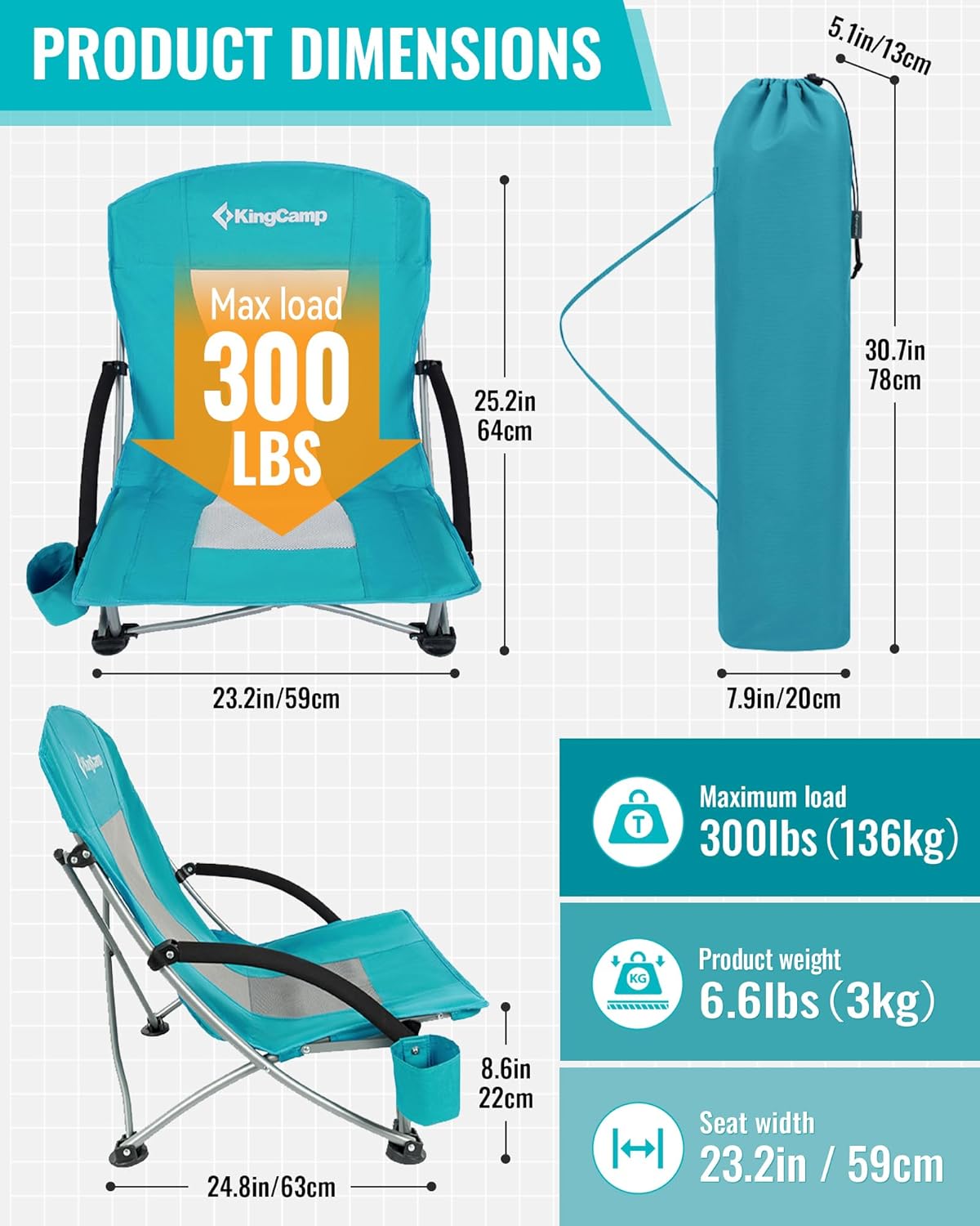 KingCamp Low Beach Chair, High Back Folding Camping Chair for Adults, Oversized Breathable Mesh Seat, 300lbs Heavy Duty Portable Chair with Cup Holder & Storage Pockets for Beach, Outdoor