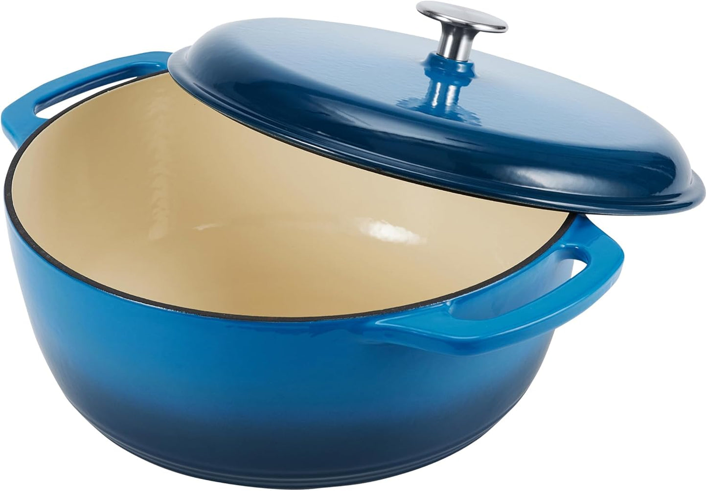Amazon Basics Enameled Cast Iron Dutch Oven Pot with Lid, Round, Dual Handles, Heavy-Duty, Oven Safe for Baking, Roasting, Stews, 6-Quart, Blue