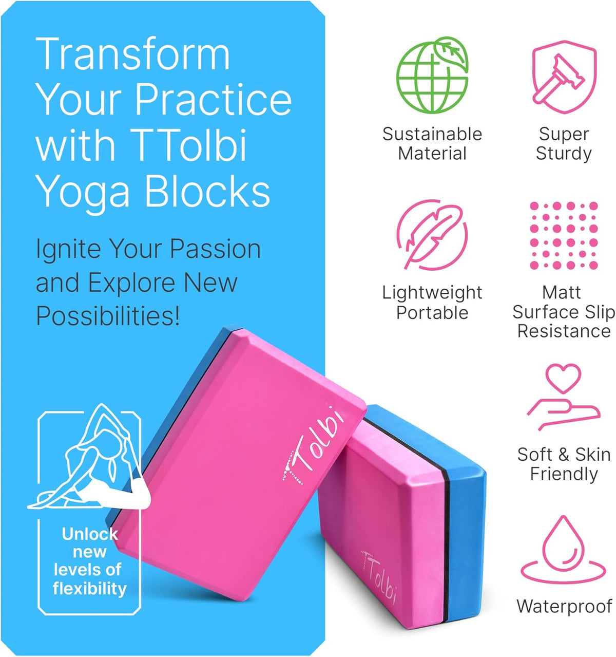 Yoga Blocks 2 Pack with Strap and Guide – Soft Non-Slip EVA Foam Blocks