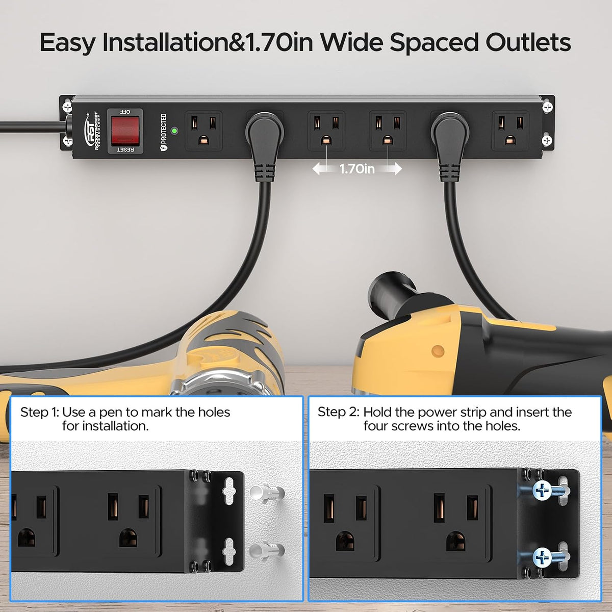 CRST 2Pack 6 Outlet Heavy Duty Power Strip with Switch 15A/1875W, 6FT Cord