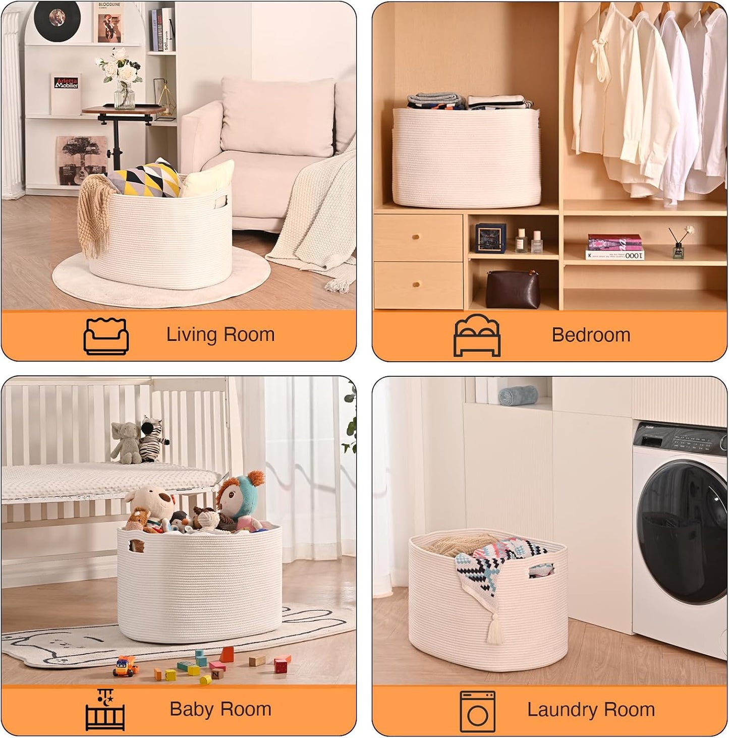 ICERZCZ White Laundry Basket, Blanket Baskets for Living Room, Cotton Rope Baskets for Storage, Woven Basket for Blankets, Toys, Clothes, Shoes, White, 25”x16”x16” (105L)