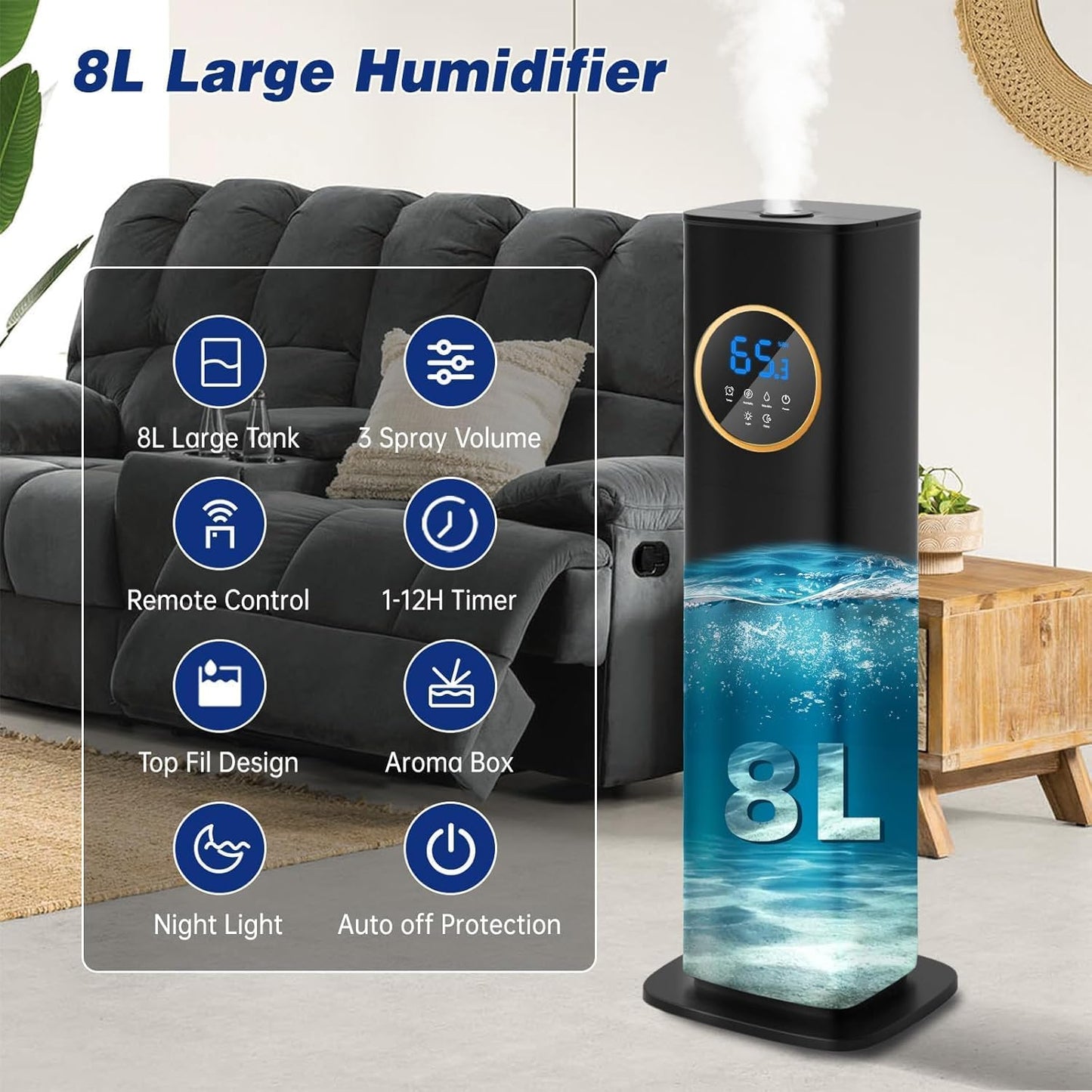 LACIDOLL Humidifiers for Bedroom, 2.1Gal/8L Humidifier large room with Essential Oil Diffuser, Top Fill Whole House Cool Mist Humidifiers for Plants Baby Kids Adults(Black)
