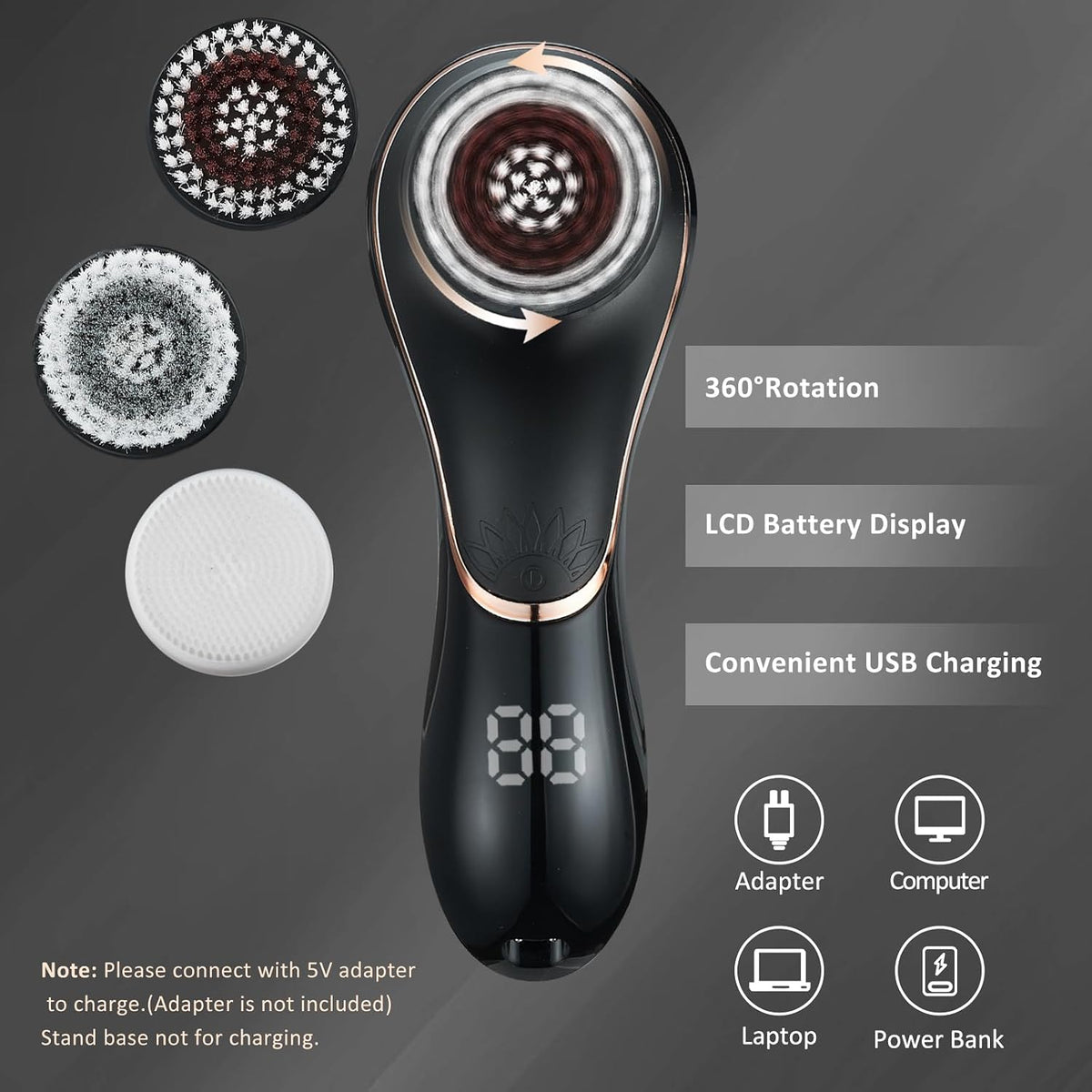 Facial Cleansing Brush, Rechargeable Electric Face Scrubber, 2-Speed Modes