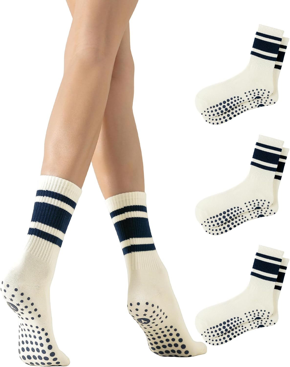 Yawlsow Pilates Grip Socks for Women Yoga Grippy Striped Retro Crew Socks Non Slip Sticky Barre Sock with Grippers 3/5 Pairs