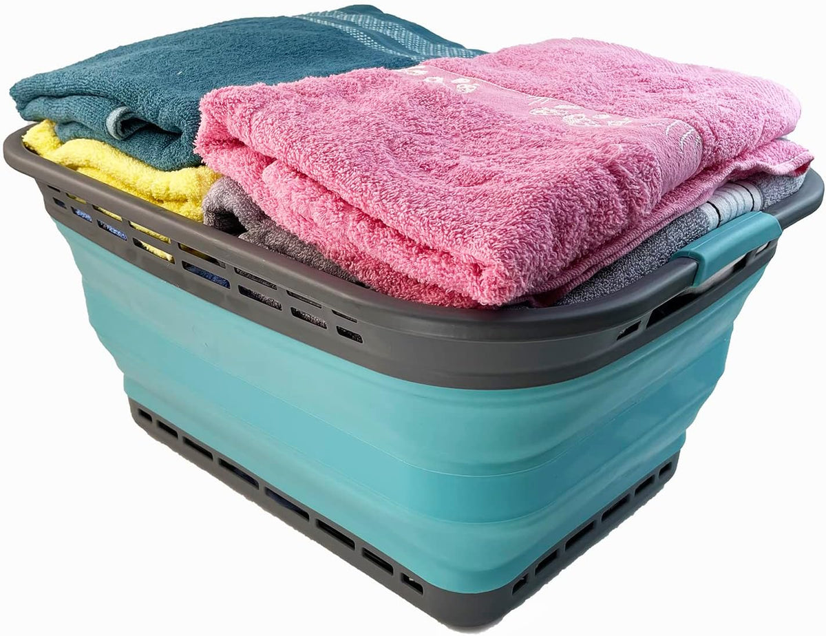 SAMMART 42L (11 Galloons) Collapsible Plastic Laundry Basket - Foldable Pop Up Storage Container/Organizer - Portable Washing Tub - Space Saving Hamper/Basket [BPA Free] (Grey/Crystal Blue)