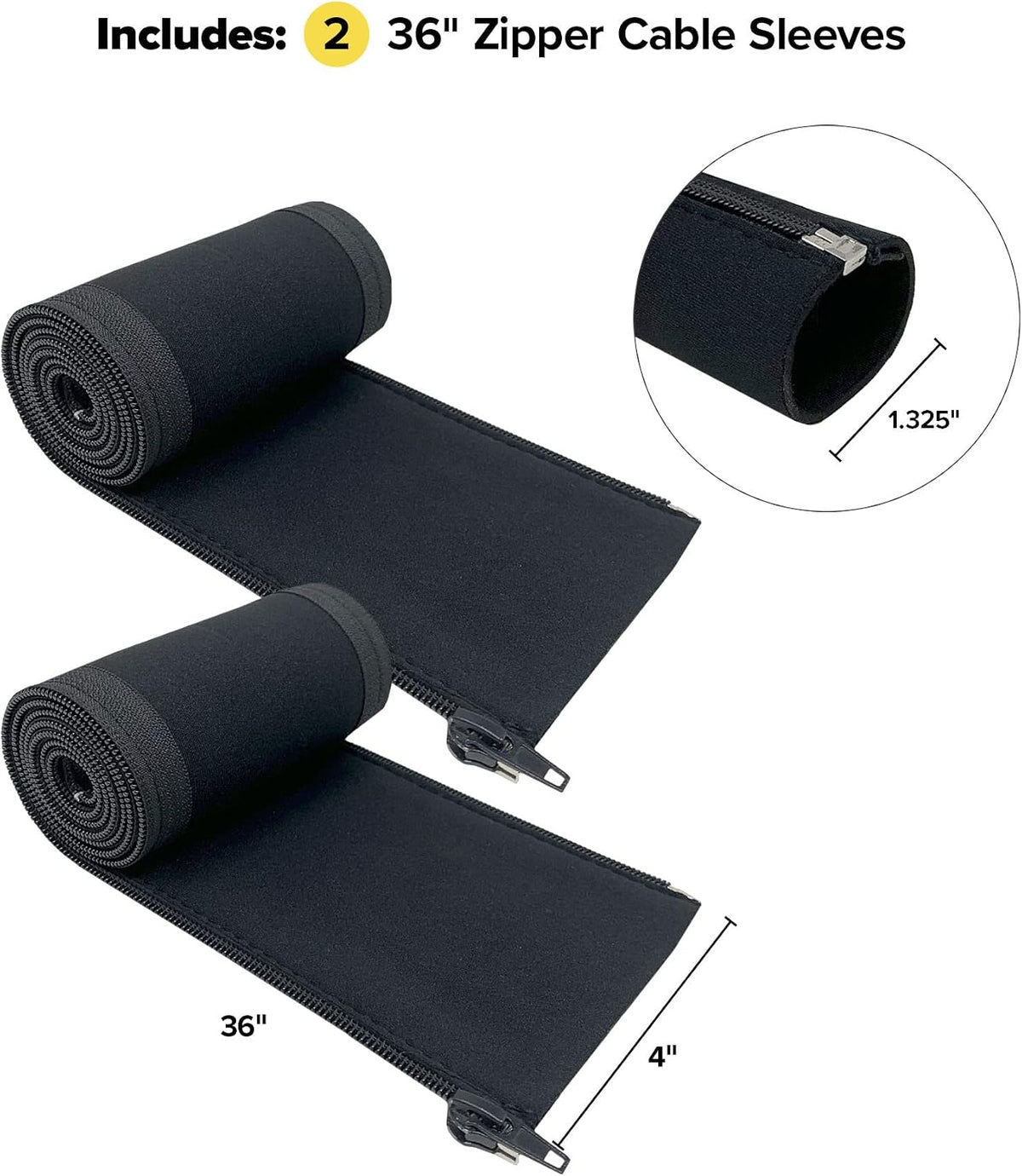 Zipper Cable Sleeve by Wrap-It Storage - 36" x 4" (2-Pack) Black