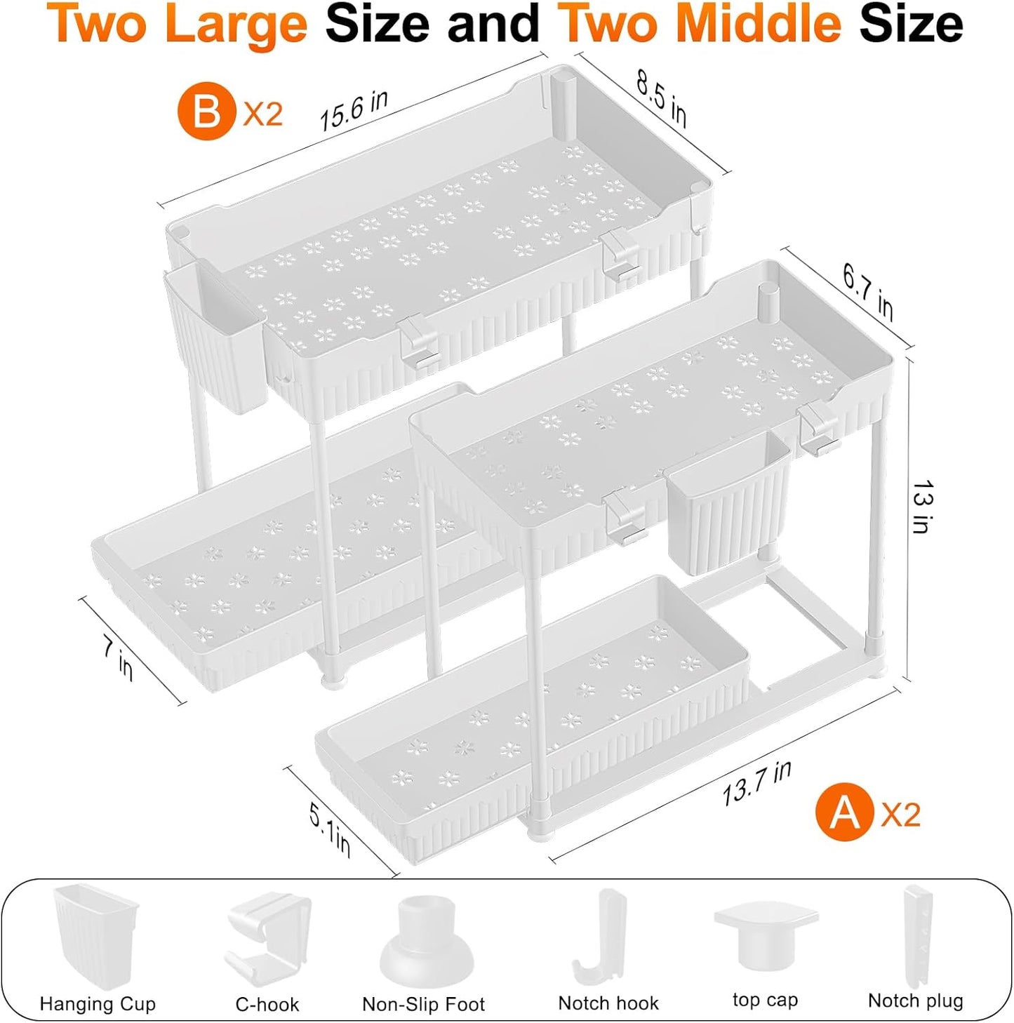 Sevenblue Under Sink Organizer, Bathroom Organizers and Storage, 2 Tier Multi-Use Pull Out Cabinet Organizer with Hang Hooks and Cups (White, 4 Pack)