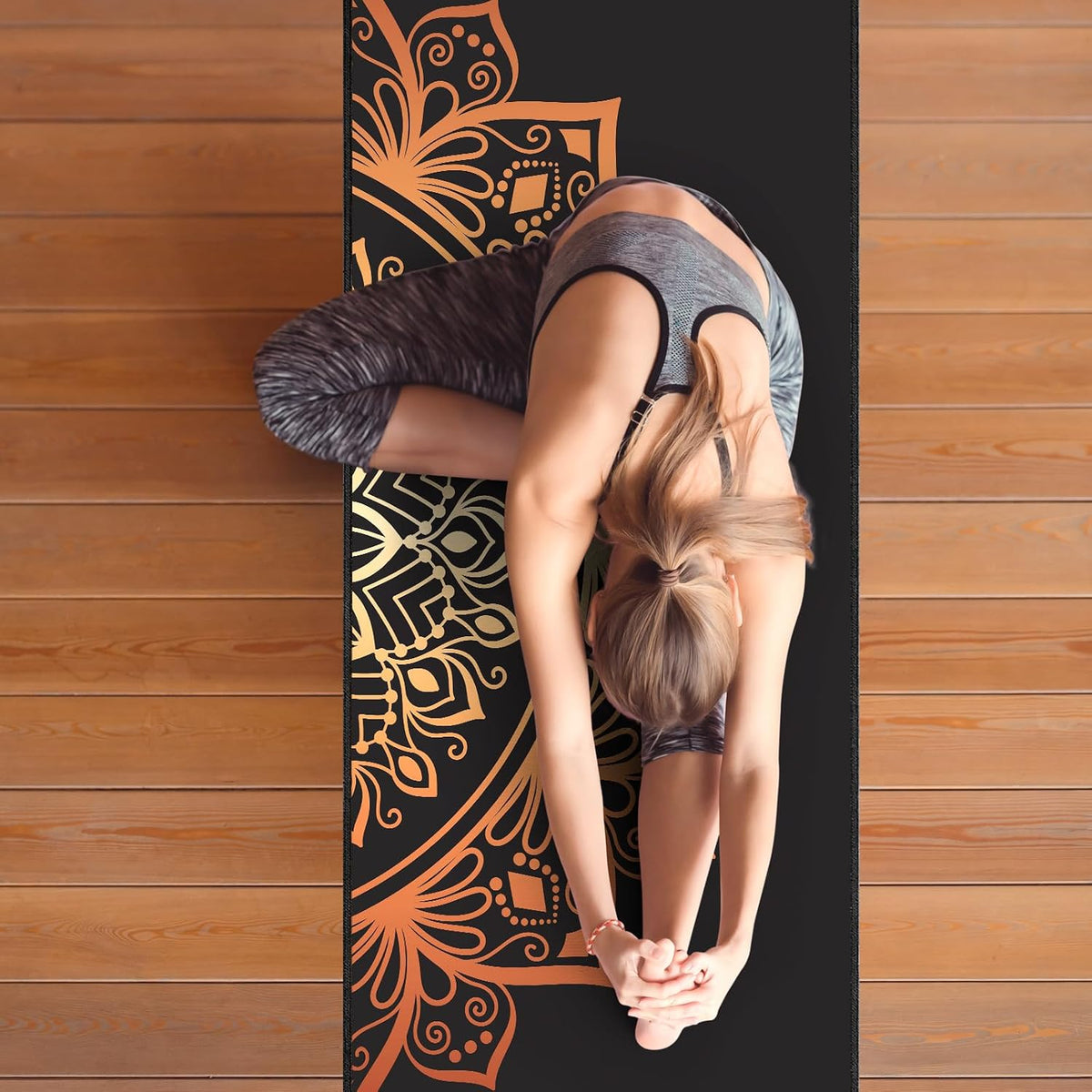 QiyI Hot Yoga Towel with Grip Dots, Non Slip, 70"x26", Golden Mandala