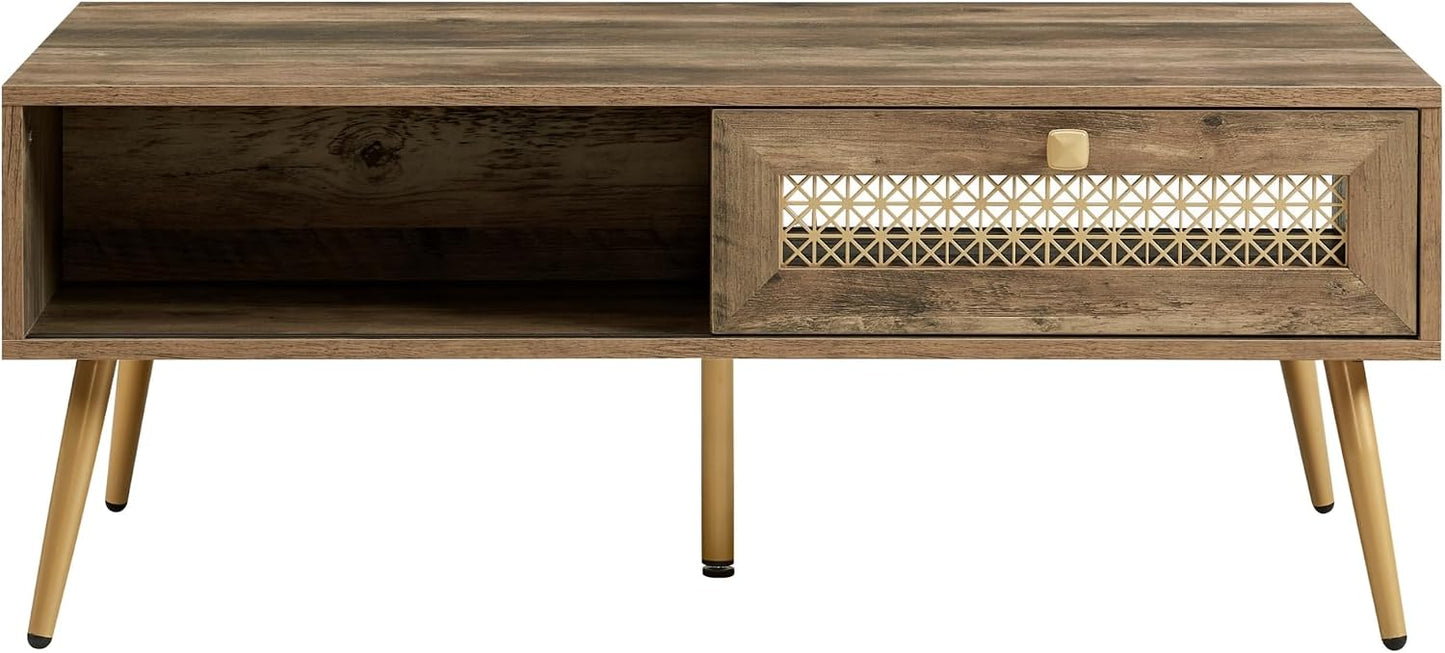 Mid Century Modern Wood Coffee Table, Retangle Coffee Table with Sliding Door for Living Room, Rustic Oak