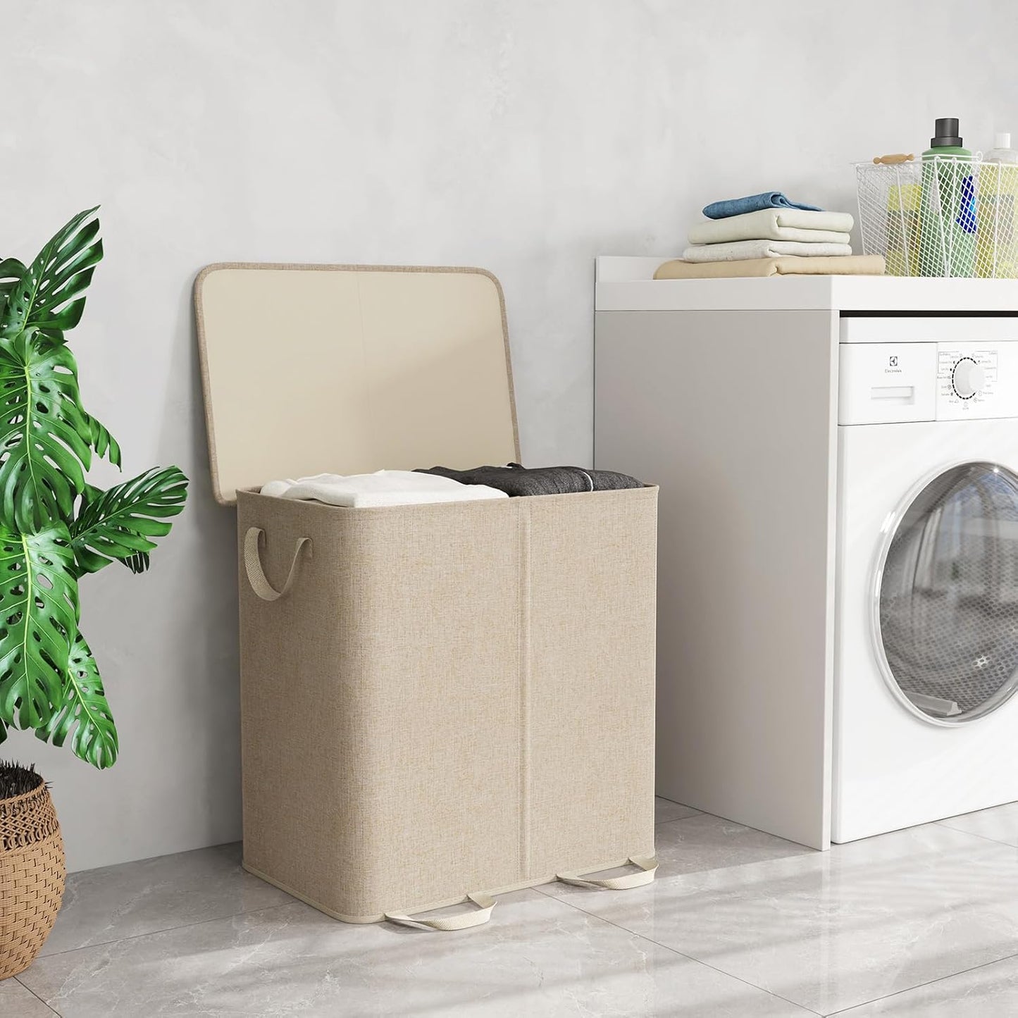 Lifewit Double Laundry Hamper with Lid and Removable Laundry Bags, Large Collapsible 2 Dividers Dirty Clothes Basket with Handles for Bedroom Laundry Room Closet Bathroom College, 136L Beige