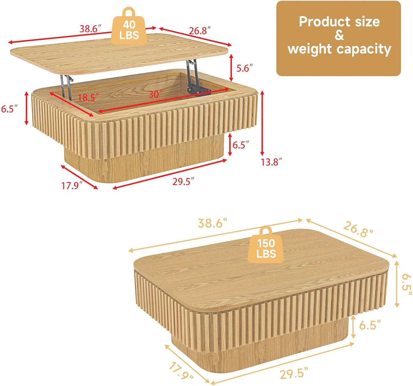 Lift Top Coffee Table for Living Room,Rectangle Handmade Solid Wood Strips, Fluted Coffee Table with Hidden Storage Compartment Small Space Office Apartment (38.6" L×26.8''W×13.8''H-Natural)