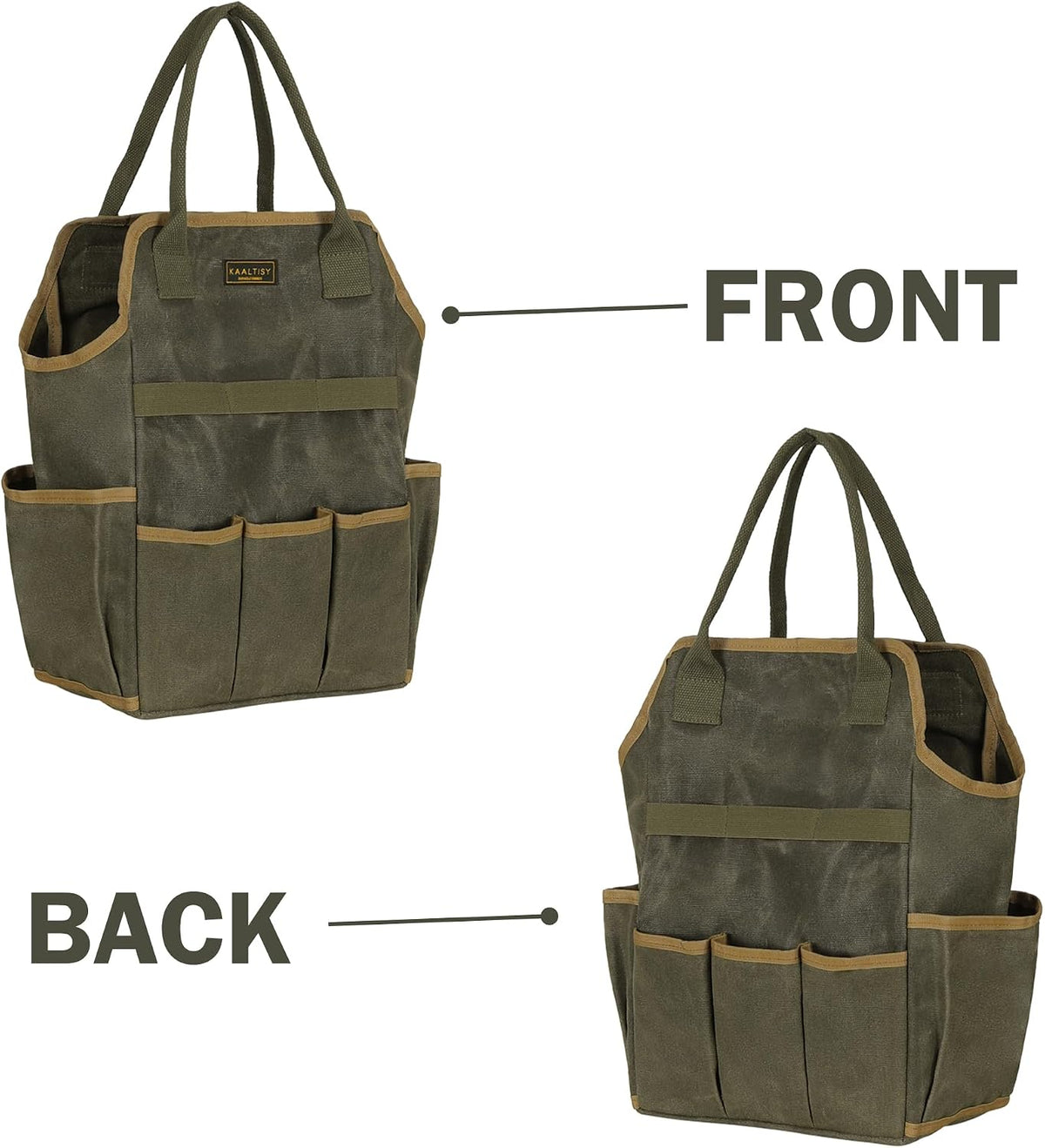 Tool Bag, Heavy Duty 16oz Waxed Canvas Garden Tool Tote - with 3 Inner Slots & 8 Outer Pockets, Multi-Purpose Gardening Tool Storage Bag for Gardener Florist Workshop - Army Green