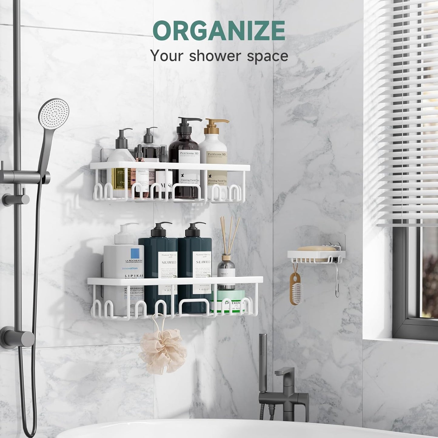 Veken Shower Caddy 3-Pack, Advanced Rustproof Design, No Drilling Adhesive Shelves, Rack with Soap Holder, Large Capacity Bathroom Organizers and Storage, Wall-Mounted Kitchen & Home Decor, White