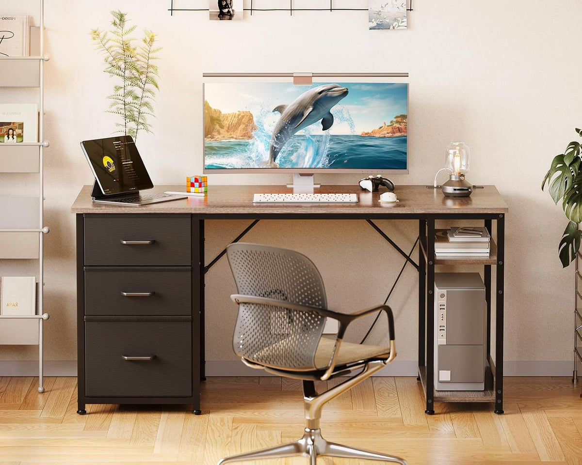 AODK 51 Inch Computer Desk with Drawers & USB Power Outlets - Reversible Home Office Desk with Storage Shelves, Work from Home, Modern Work/Writing/Study Table for Bedroom, Grey Oak