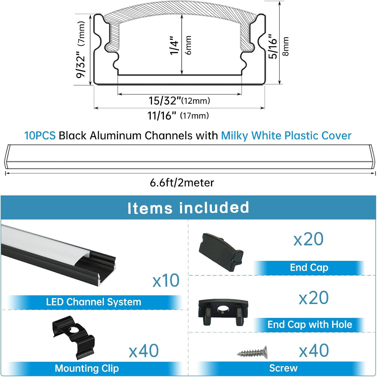 Muzata 10Pack 6.6FT Black LED Strip Channel with Milky Diffuser U1SW BW