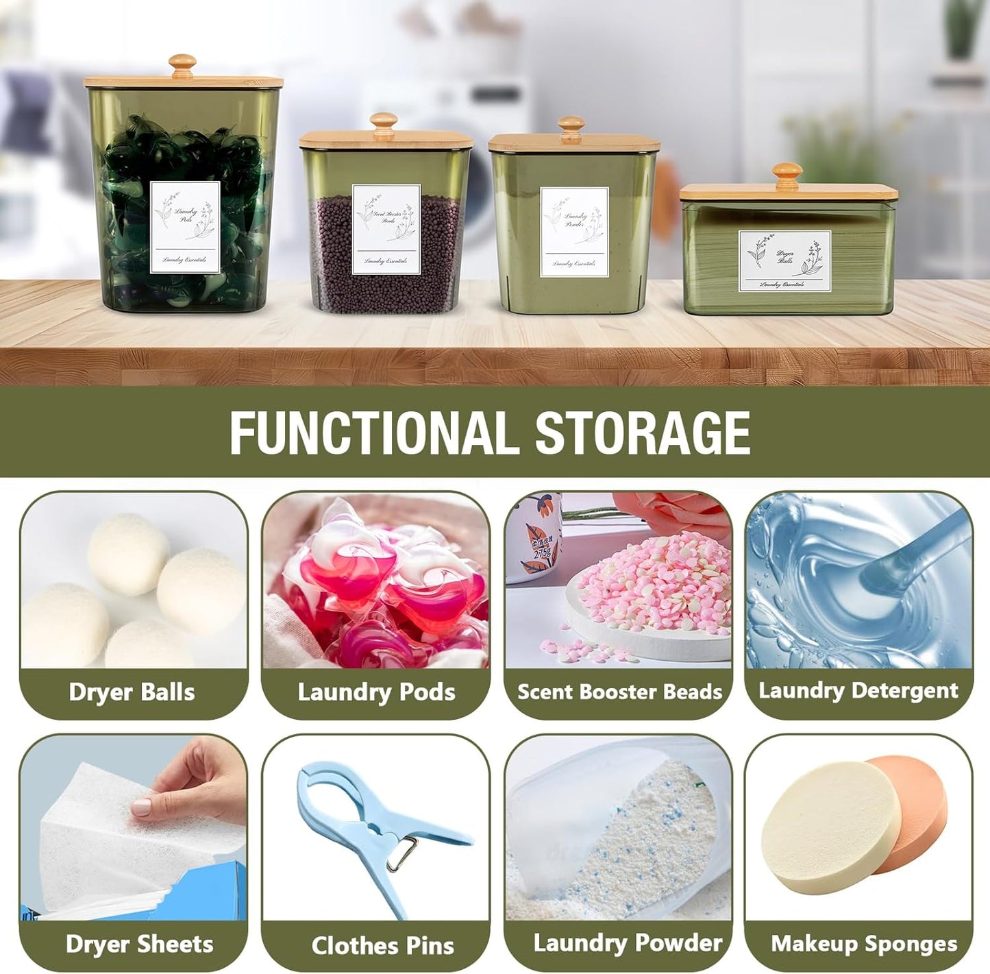 Zingbee 4 Pack Laundry Pods Container & Dryer Sheet Holder, Plastic Pod Holder with Lids & Scoops, Laundry Room Organization and Storage Sets for Powder, Detergent, Scent Booster
