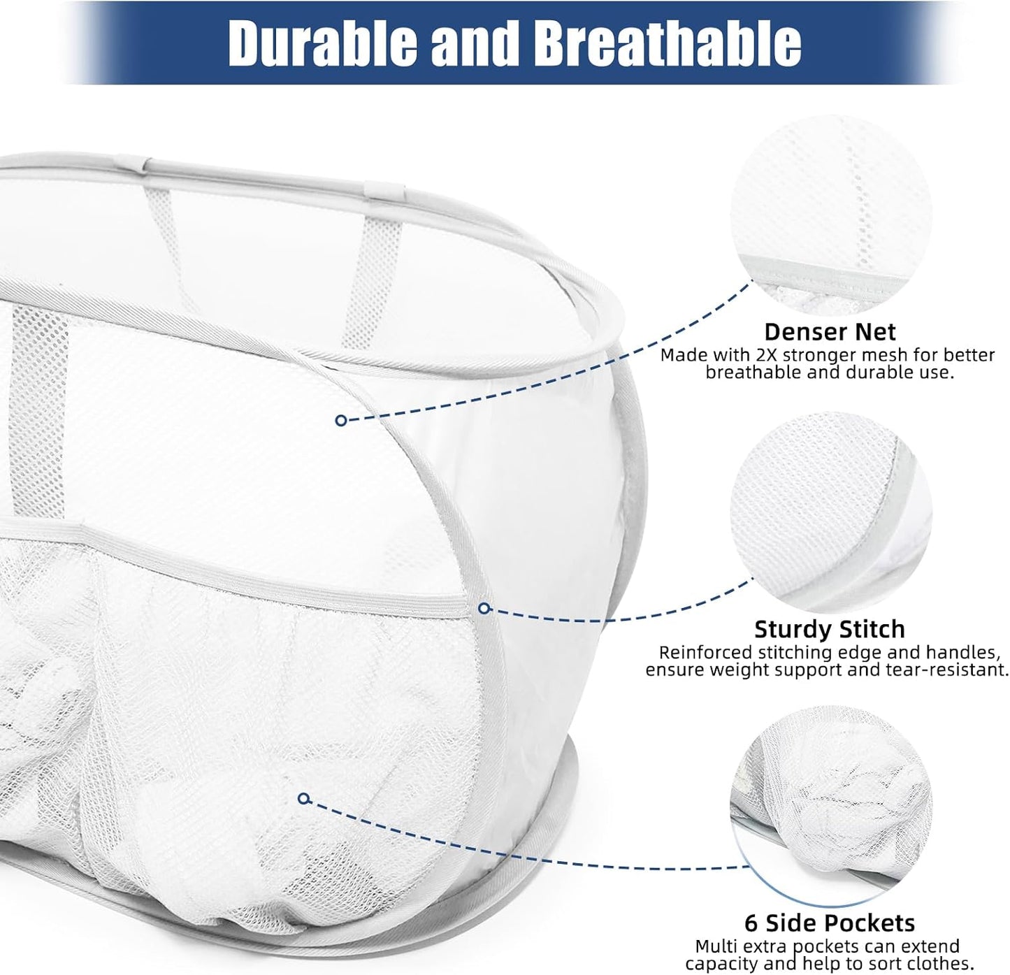 2 Pack Collapsible Laundry Baskets, Upgrade Pop Up Laundry Hamper with Convenient Bags, Foldable Laundry Basket Mesh Light Weight, Easy to Carry Clothes Hampers for Laundry, Dorm, Toys, Travel White