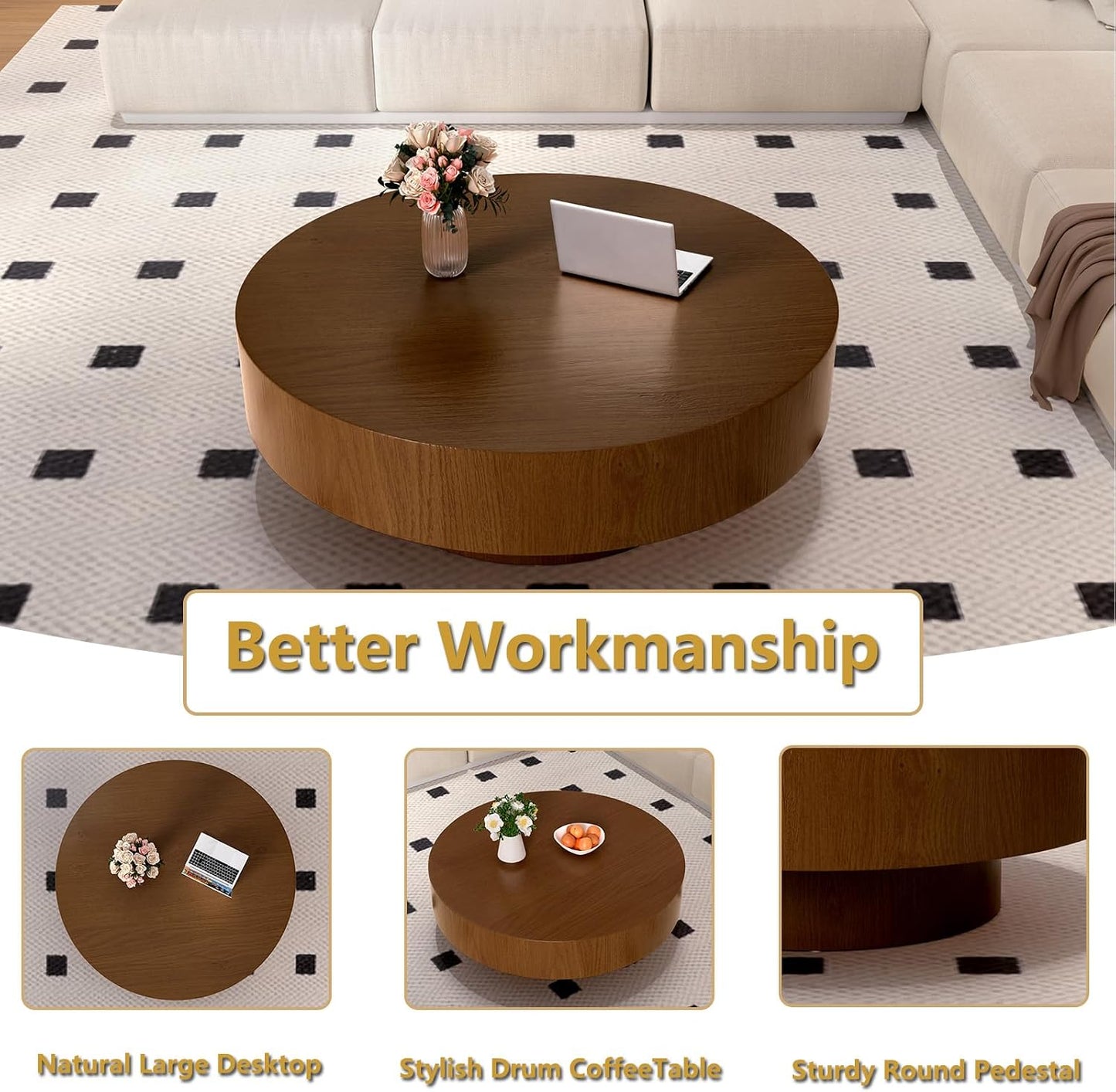 Modern Drum Round Coffee Table Wood for Living Room (D39.37IN) | Mid Century Aesthetic Low Coffee Tables with Wood Pattern Decal and Sturdy Pedestal, for Apartment Small Space