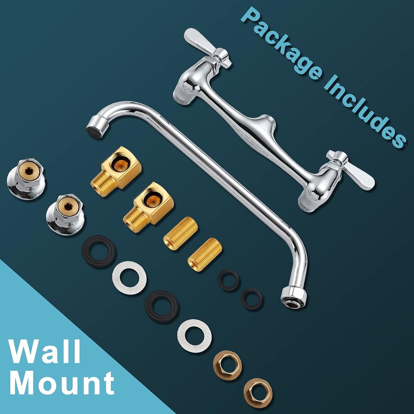 Wall Mount Faucet 8 Inch Center Commercial Kitchen Faucet, 12 Inches Swivel Spout Wall Mounted Restaurant Sink Faucets 2 Handle Commercial Faucets for Laundry Utility(Polished,12")