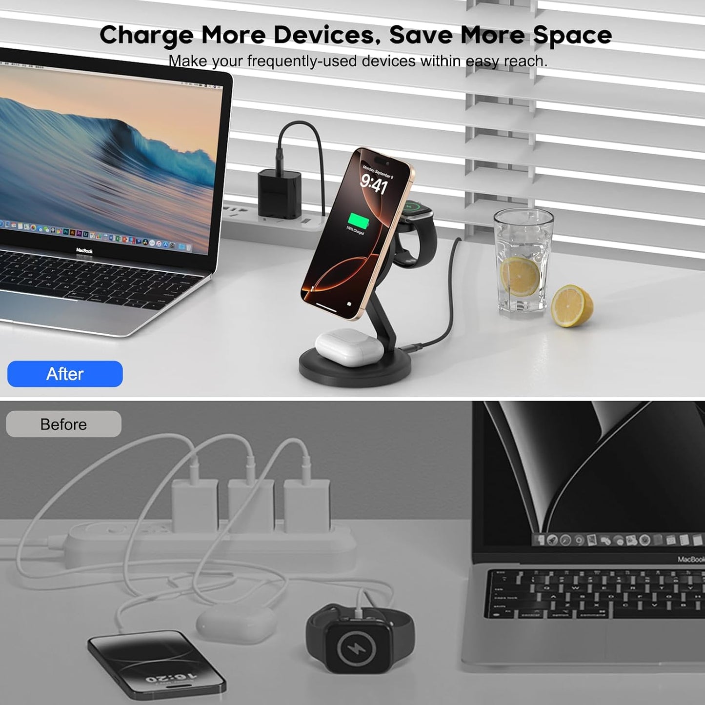 Charging Station, 3 in 1 Foldable Wireless Charger iPhone Charging Station Charger Stand Multiple Devices for Apple, with PD Adapter and USB C Cable for iPhone 17/16/15/14/13,iWatch,AirPods All Series