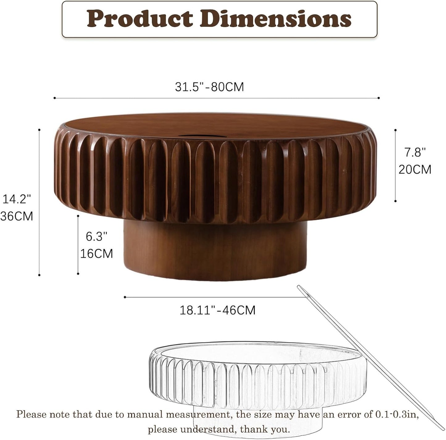 Round Coffee Table (Walnut 31.5'') | Storage for Living Room, Wood Circle Drum, Modern Fluted Center Table, Accent Table for Home Office Apartment
