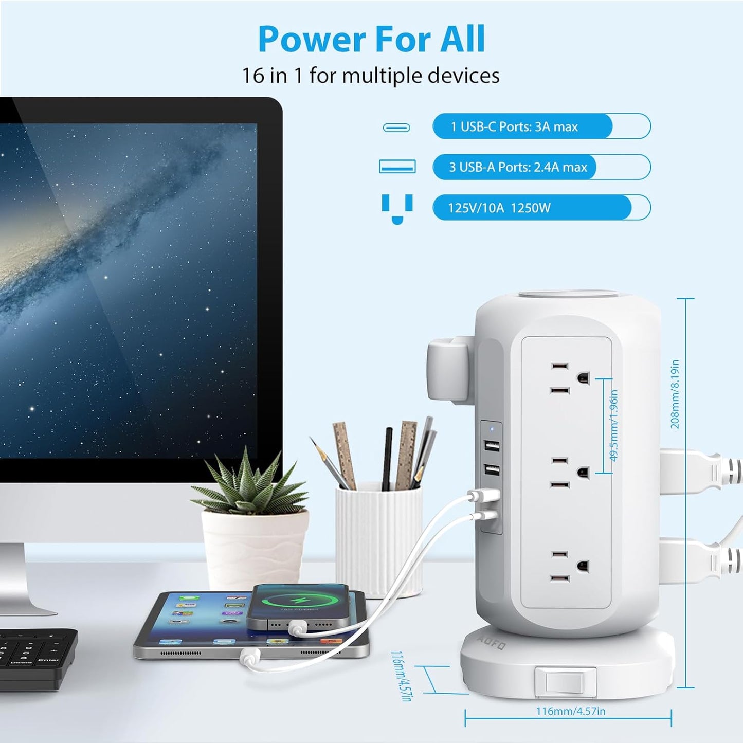 Tower Power Strip Flat Plug with 12 Outlets 4 USB(1 USB C),AOFO Power Strip Charging Station with Overload Protection, Widely Spaced Multiple Outlets 10Ft Extension Cord for Home, Dorm,Office